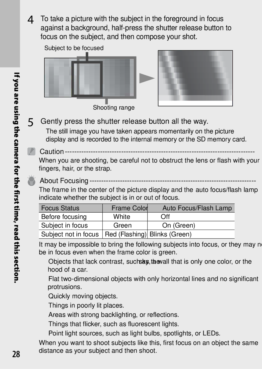 Ricoh G700 manual Gently press the shutter release button all the way, About Focusing, Blinks Green, Red Flashing 