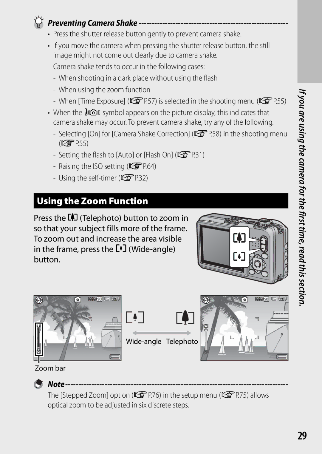 Ricoh G700 manual Using the Zoom Function, Preventing Camera Shake, Wide-angle Telephoto Zoom bar 
