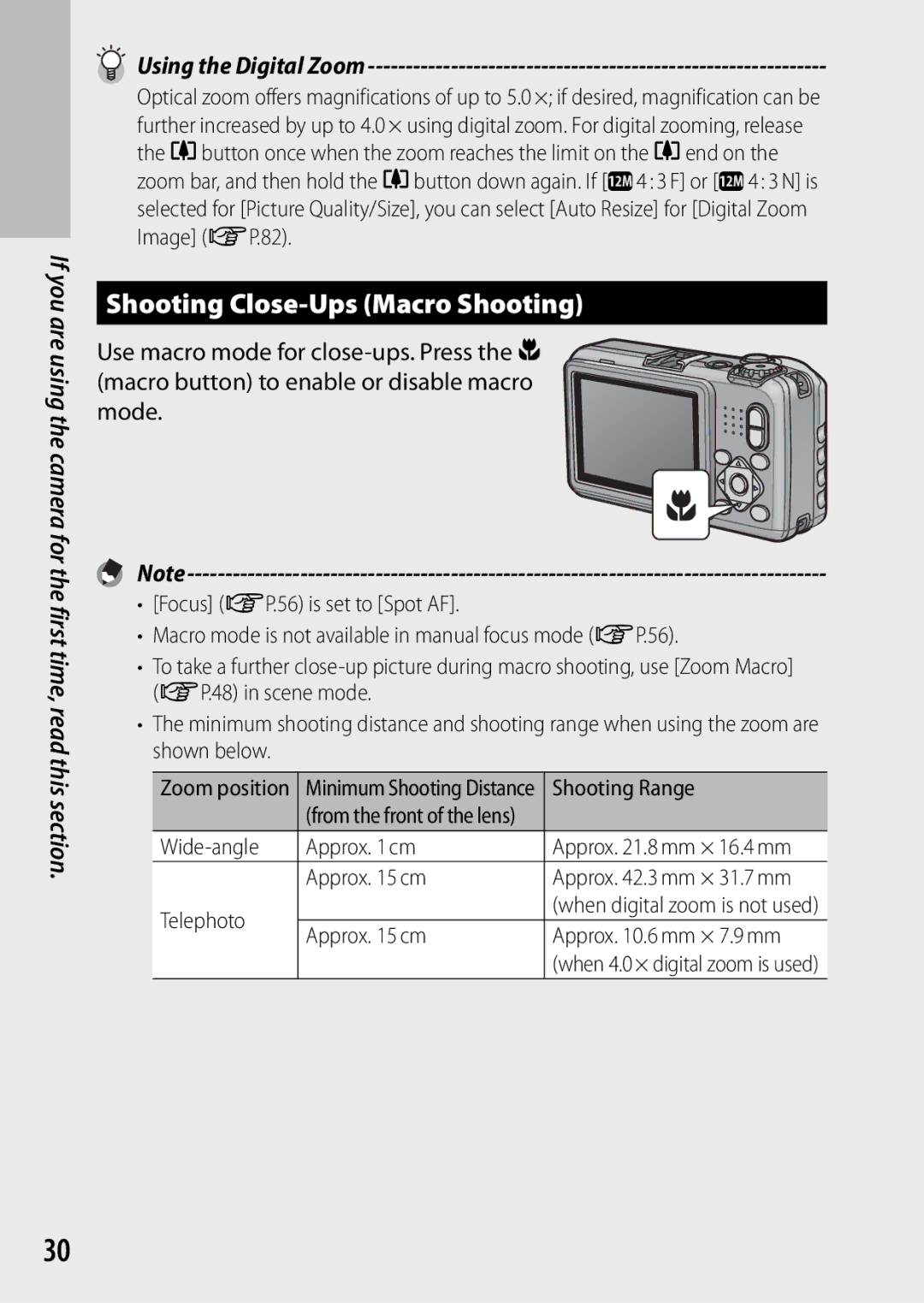 Ricoh G700 Shooting Close-Ups Macro Shooting, Using the Digital Zoom, Shooting Range, Wide-angle Approx cm, Telephoto 