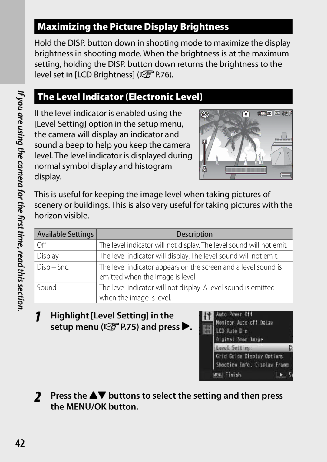 Ricoh G700 manual Maximizing the Picture Display Brightness, Level Indicator Electronic Level 