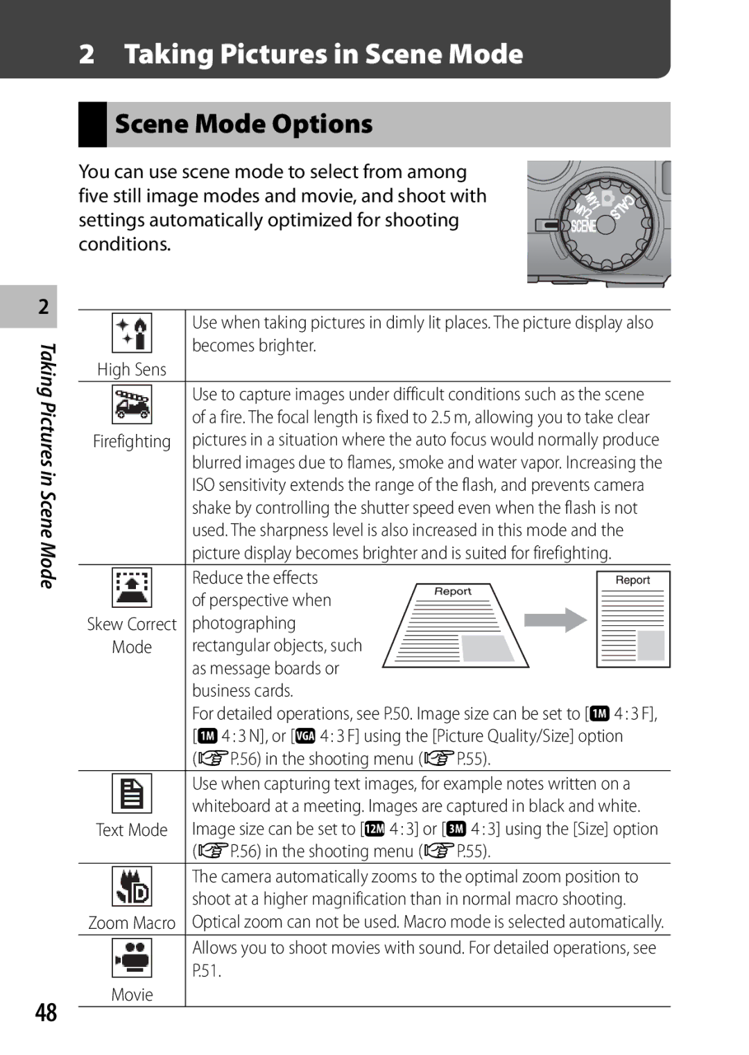 Ricoh G700 manual Taking Pictures in Scene Mode, Scene Mode Options 