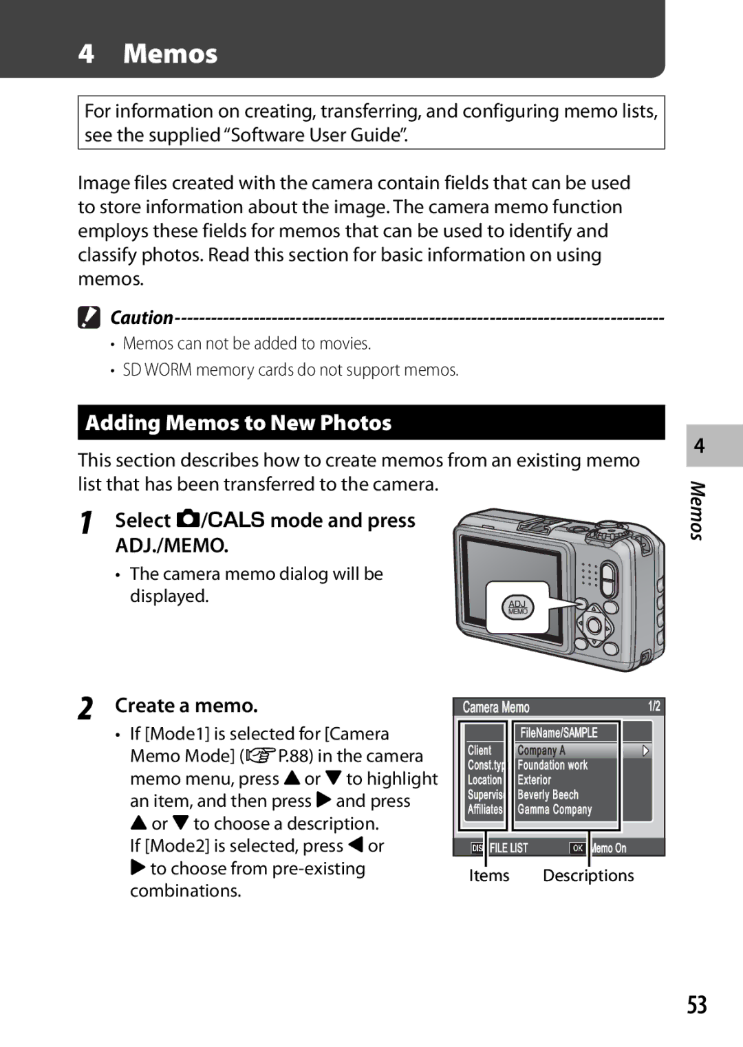 Ricoh G700 manual Adding Memos to New Photos, Select 5/Vmode and press, Create a memo 