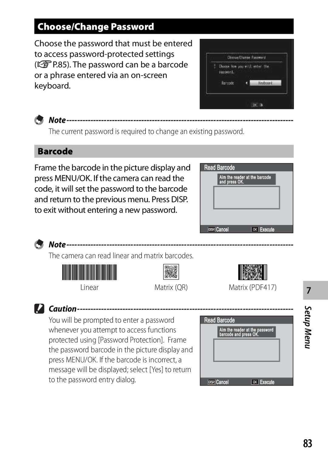 Ricoh G700 manual Choose/Change Password, Barcode, Current password is required to change an existing password 