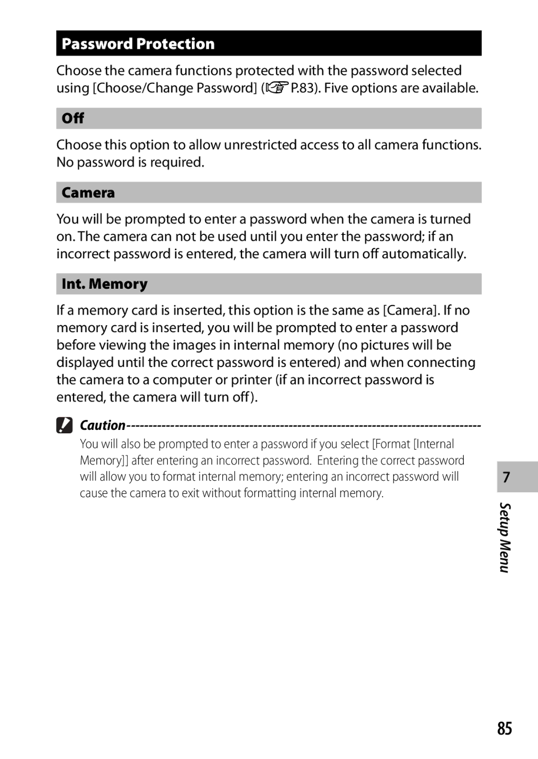 Ricoh G700 Password Protection, Off, Camera, Int. Memory, Cause the camera to exit without formatting internal memory 