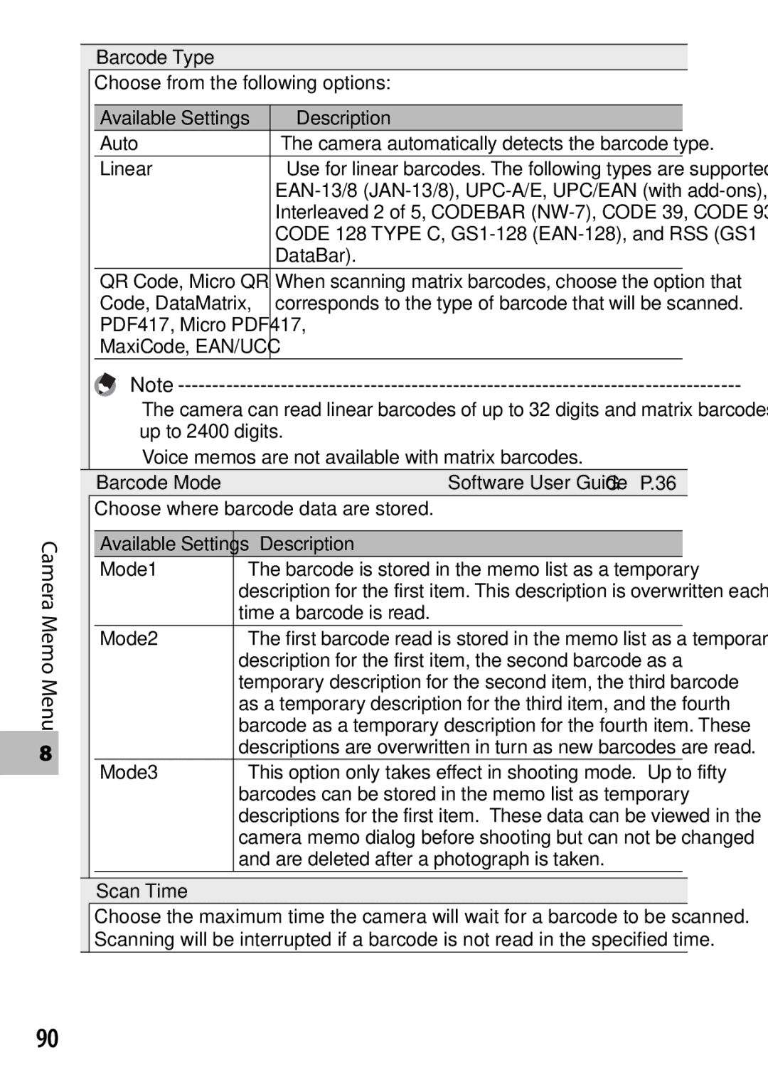 Ricoh G700 manual DataBar, Code, DataMatrix, Choose where barcode data are stored, Description Mode1, Mode3, Scan Time 
