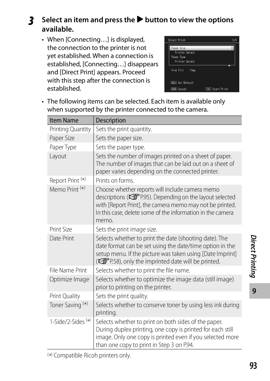 Ricoh G700 Item Name Description, Sets the print quantity, Prints on forms, Memo, Selects whether to print the file name 