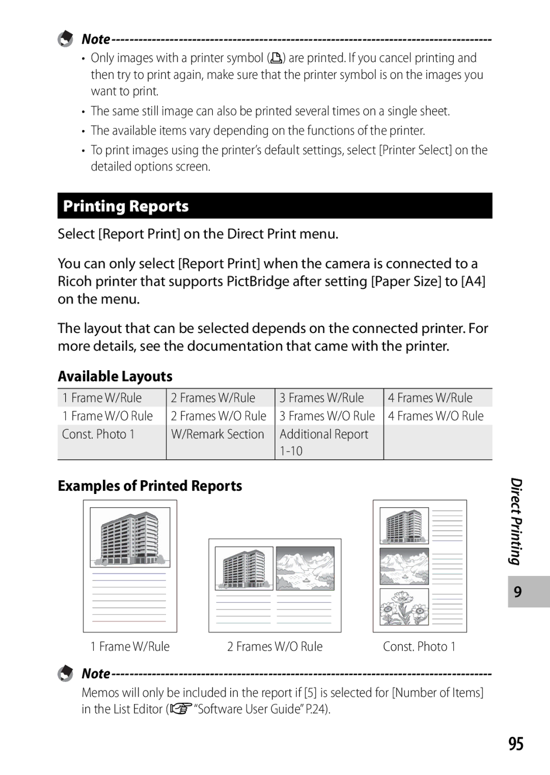 Ricoh G700 manual Printing Reports, Available Layouts, Examples of Printed Reports, Const. Photo, DirectPrinting 