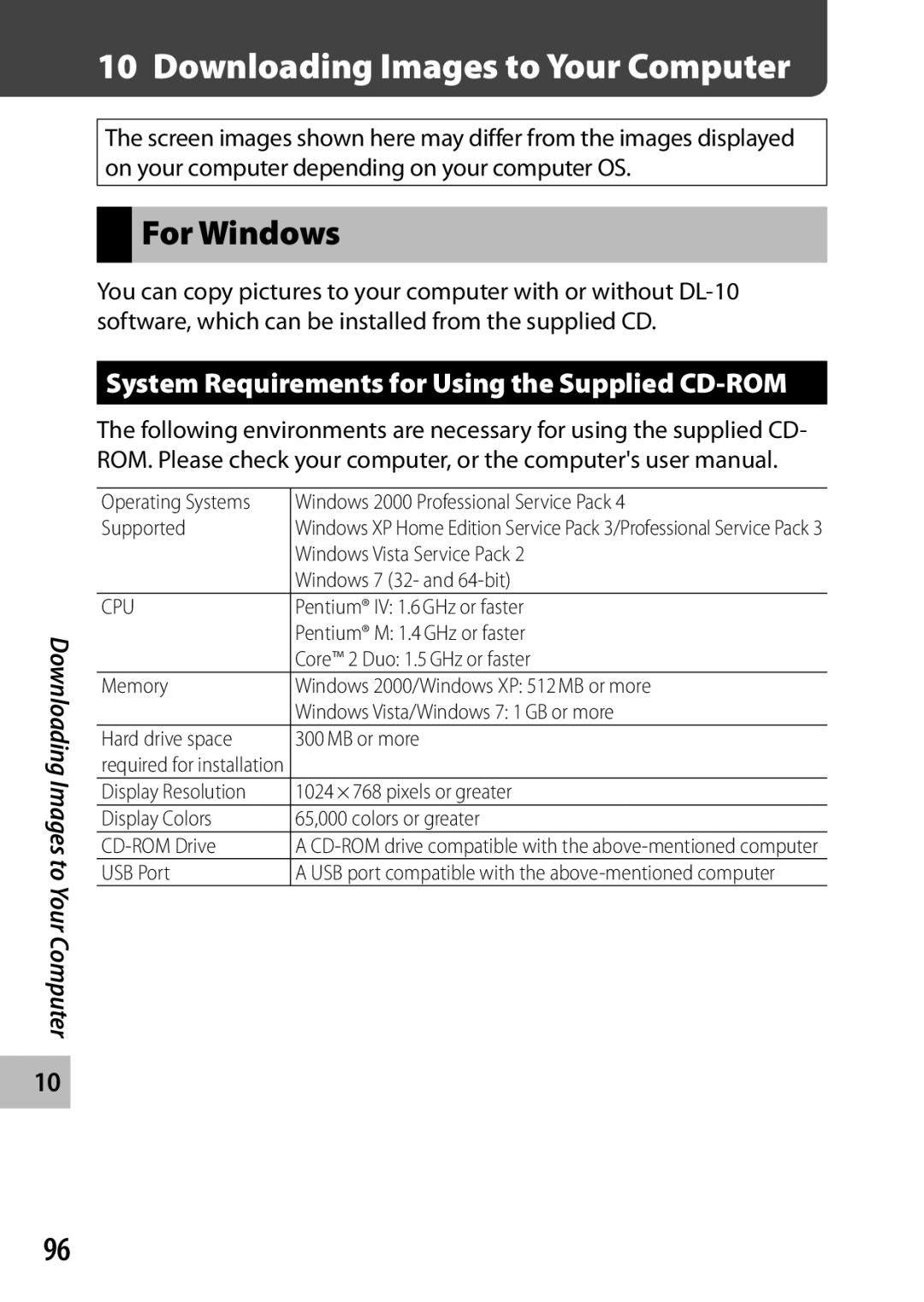 Ricoh G700 manual Downloading Images to Your Computer, For Windows, System Requirements for Using the Supplied CD-ROM 