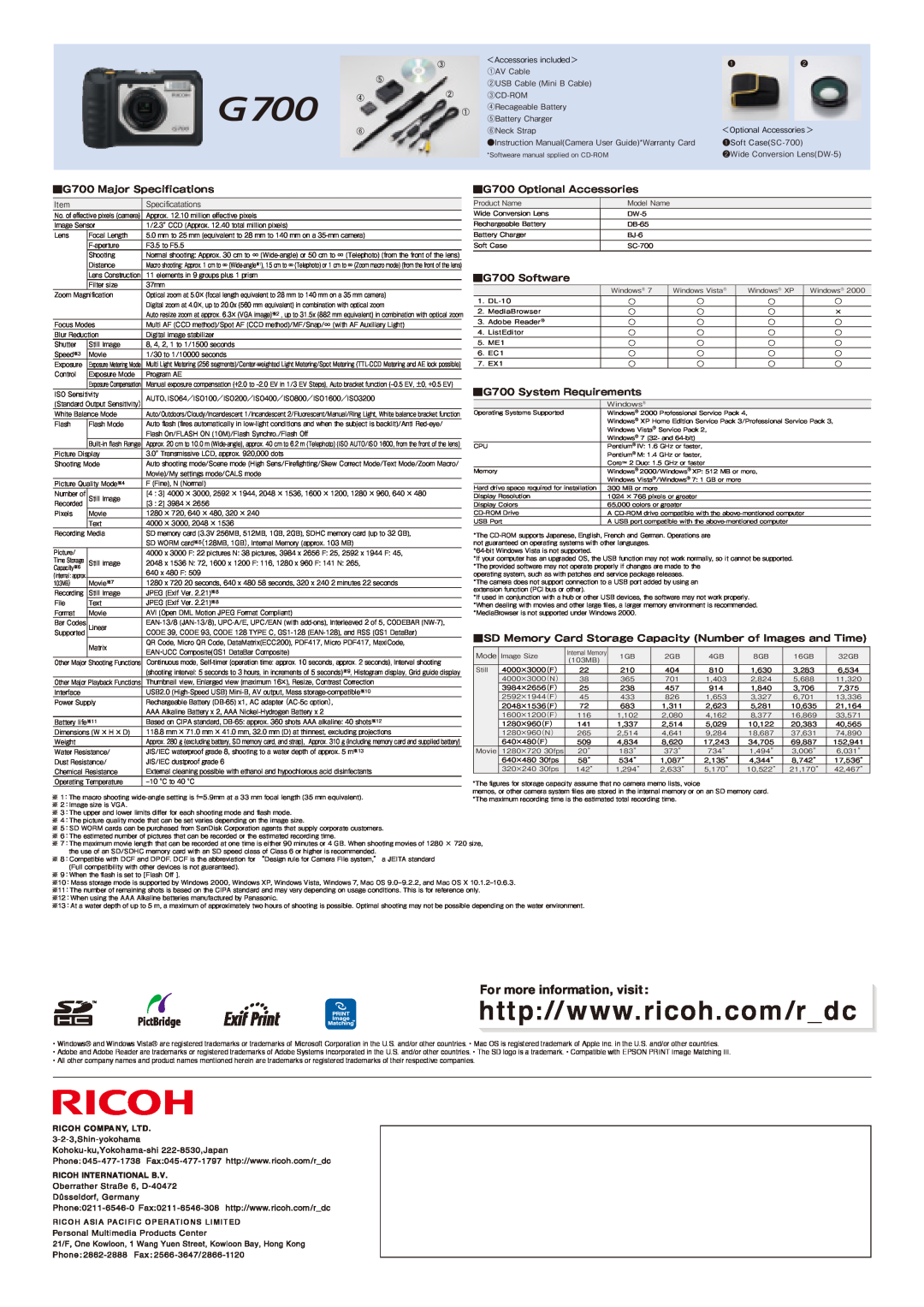 Ricoh manual G700 Major Speciﬁcations, G700 Optional Accessories, G700 Software, G700 System Requirements 