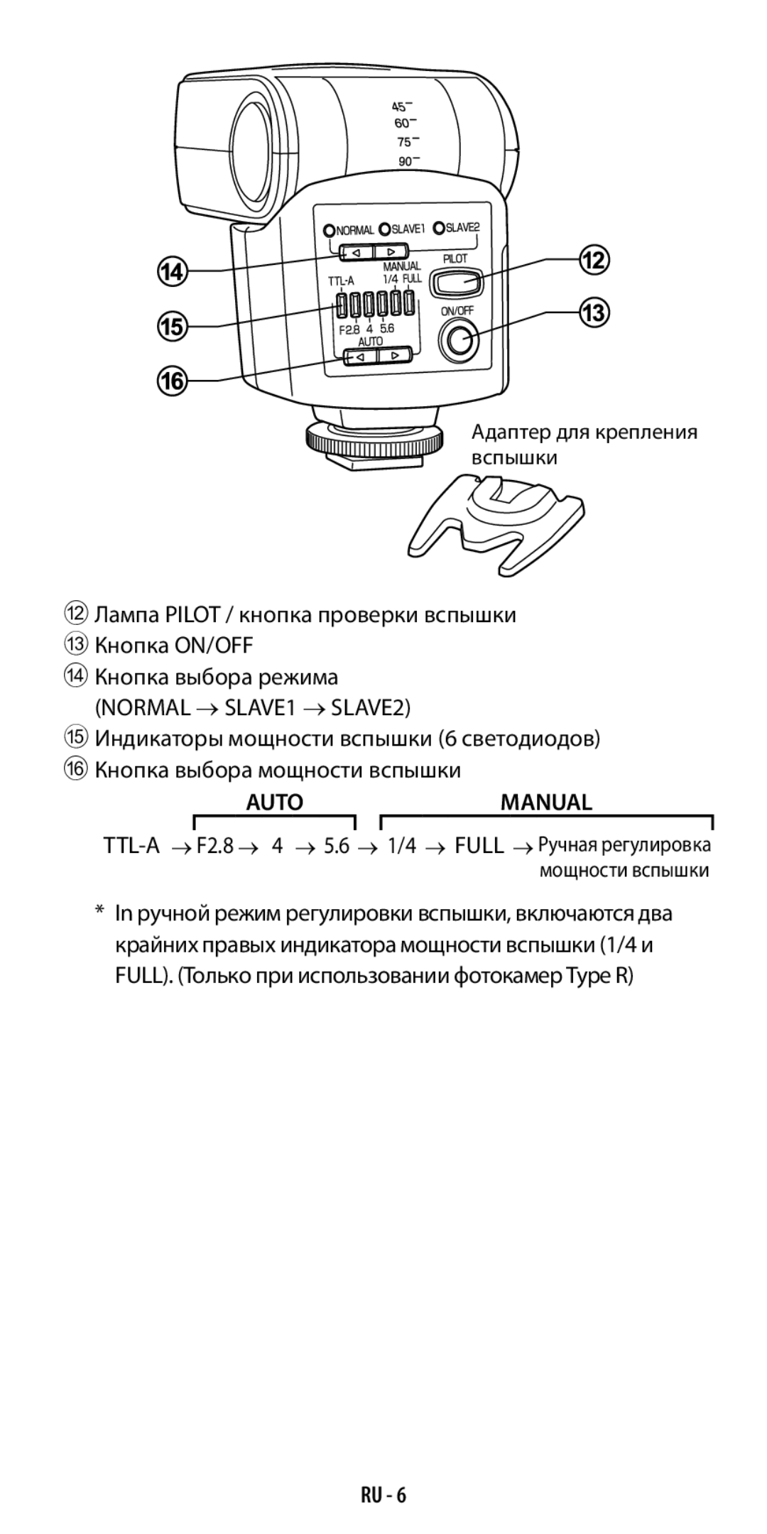 Ricoh GF-1 instruction manual Лампа Pilot / кнопка проверки вспышки C Кнопка ON/OFF 