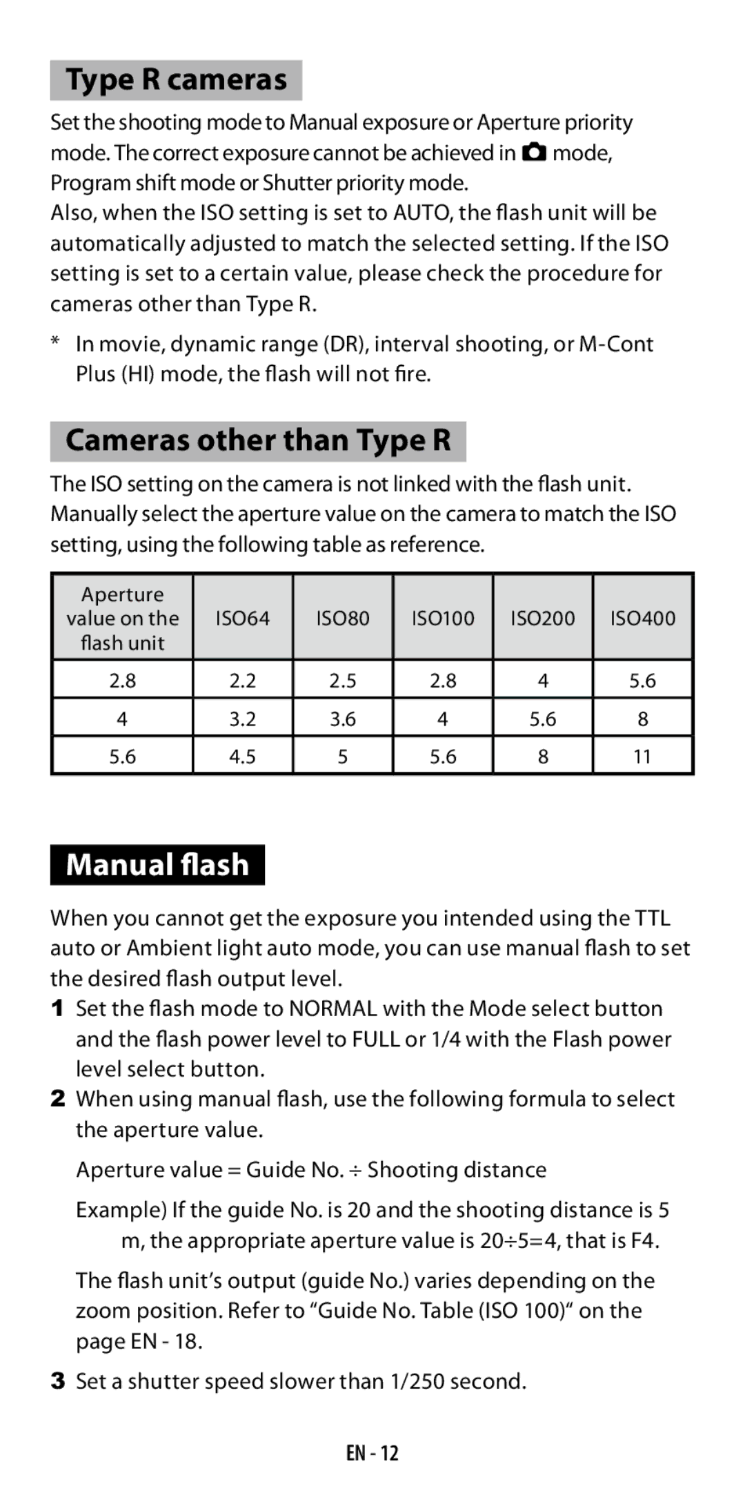 Ricoh GF-1 instruction manual Type R cameras, Cameras other than Type R, Manual flash 