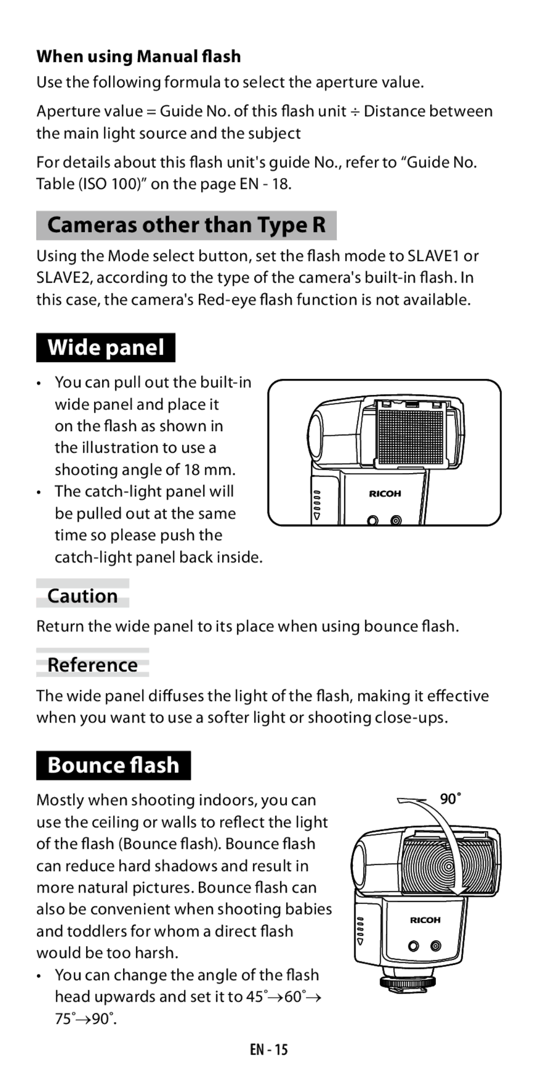 Ricoh GF-1 Wide panel, Bounce flash, When using Manual flash, Return the wide panel to its place when using bounce flash 