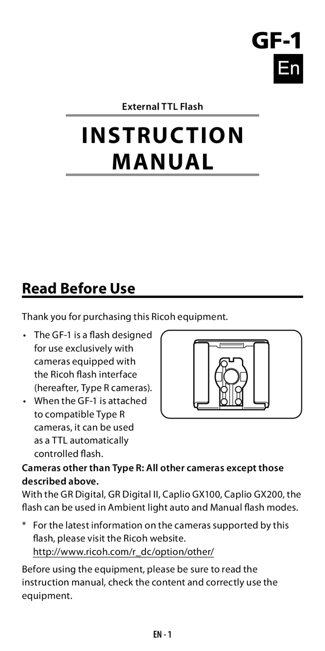 Ricoh GF-1 instruction manual Read Before Use, External TTL Flash, En  