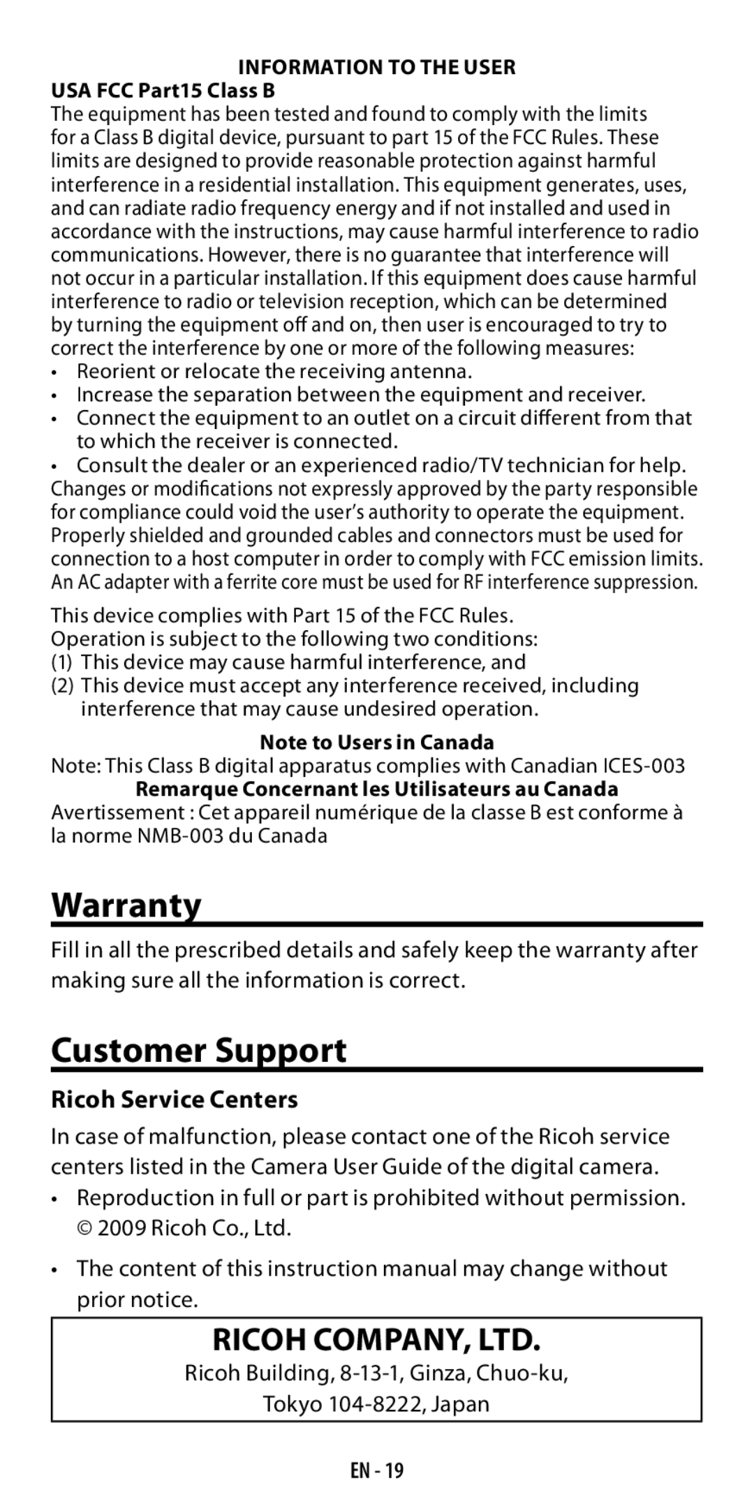 Ricoh GF-1 instruction manual Warranty, Customer Support, Ricoh Service Centers, USA FCC Part15 Class B 