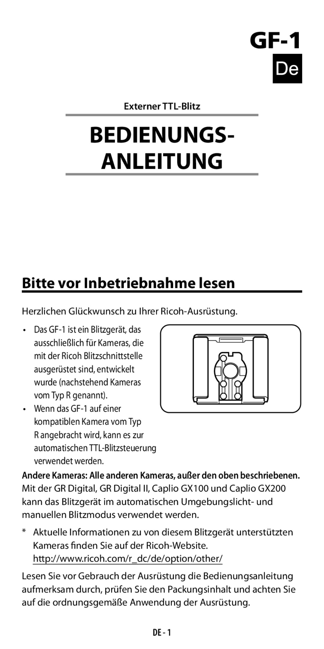 Ricoh GF-1 Bitte vor Inbetriebnahme lesen, Externer TTL-Blitz, Herzlichen Glückwunsch zu Ihrer Ricoh-Ausrüstung, De  