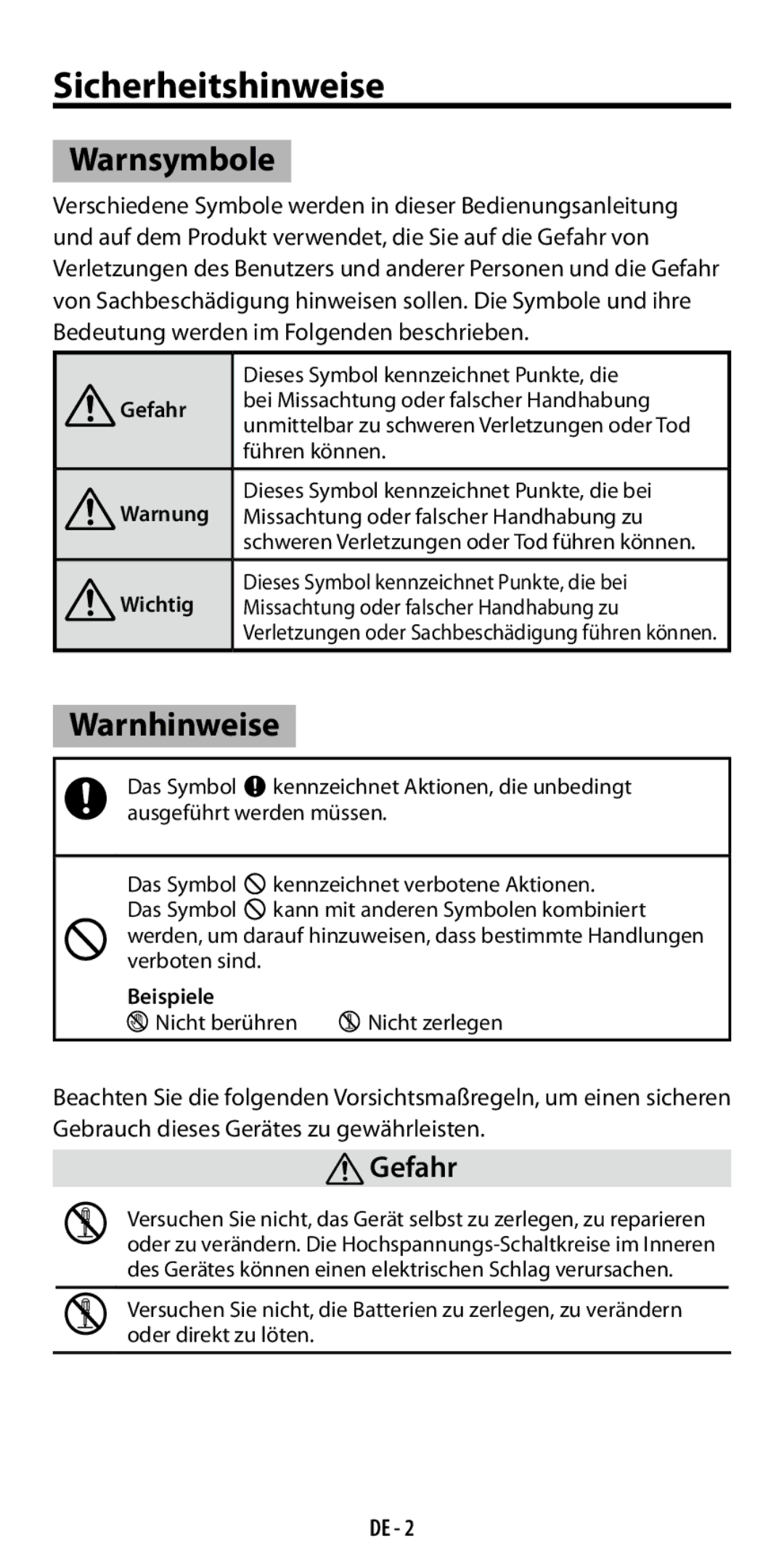 Ricoh GF-1 instruction manual Sicherheitshinweise, Warnsymbole, Warnhinweise, Gefahr 