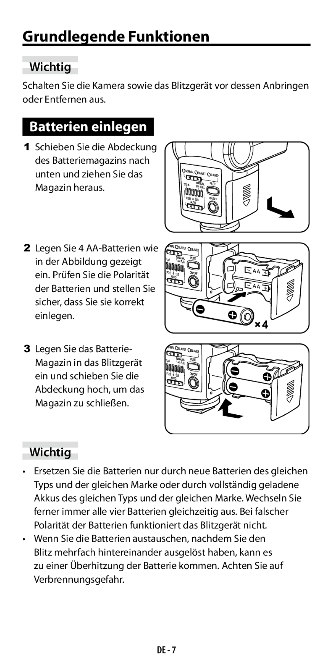 Ricoh GF-1 instruction manual Grundlegende Funktionen, Batterien einlegen, Wichtig 