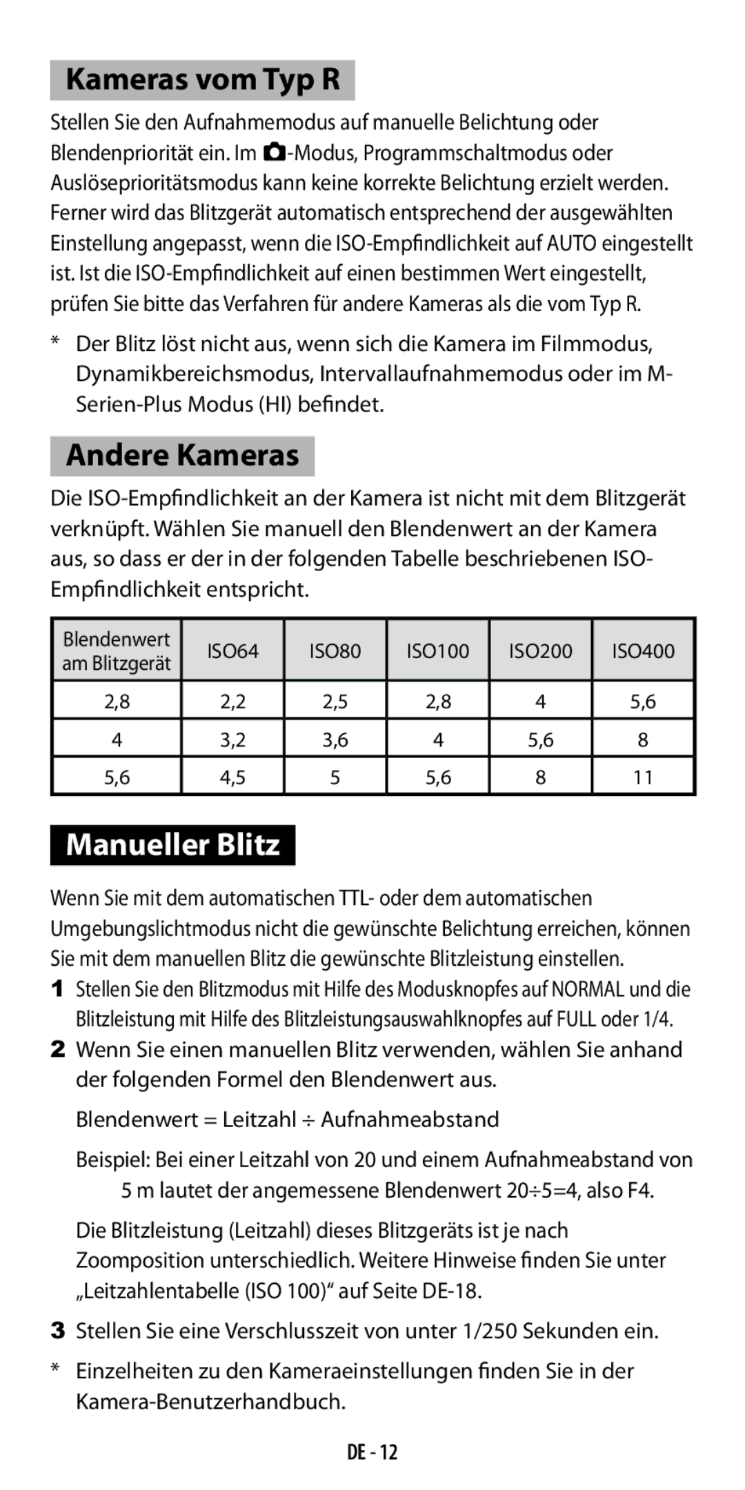 Ricoh GF-1 instruction manual Kameras vom Typ R, Andere Kameras, Manueller Blitz 