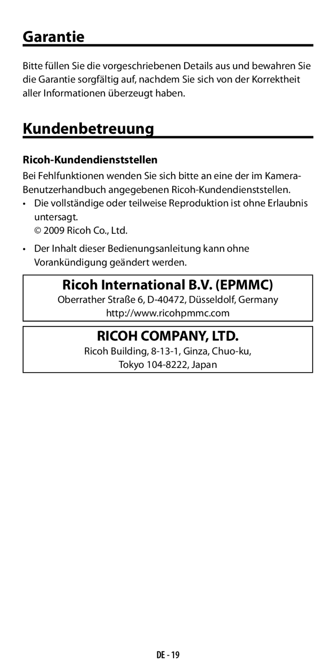 Ricoh GF-1 instruction manual Garantie, Kundenbetreuung, Ricoh International B.V. Epmmc, Ricoh-Kundendienststellen 