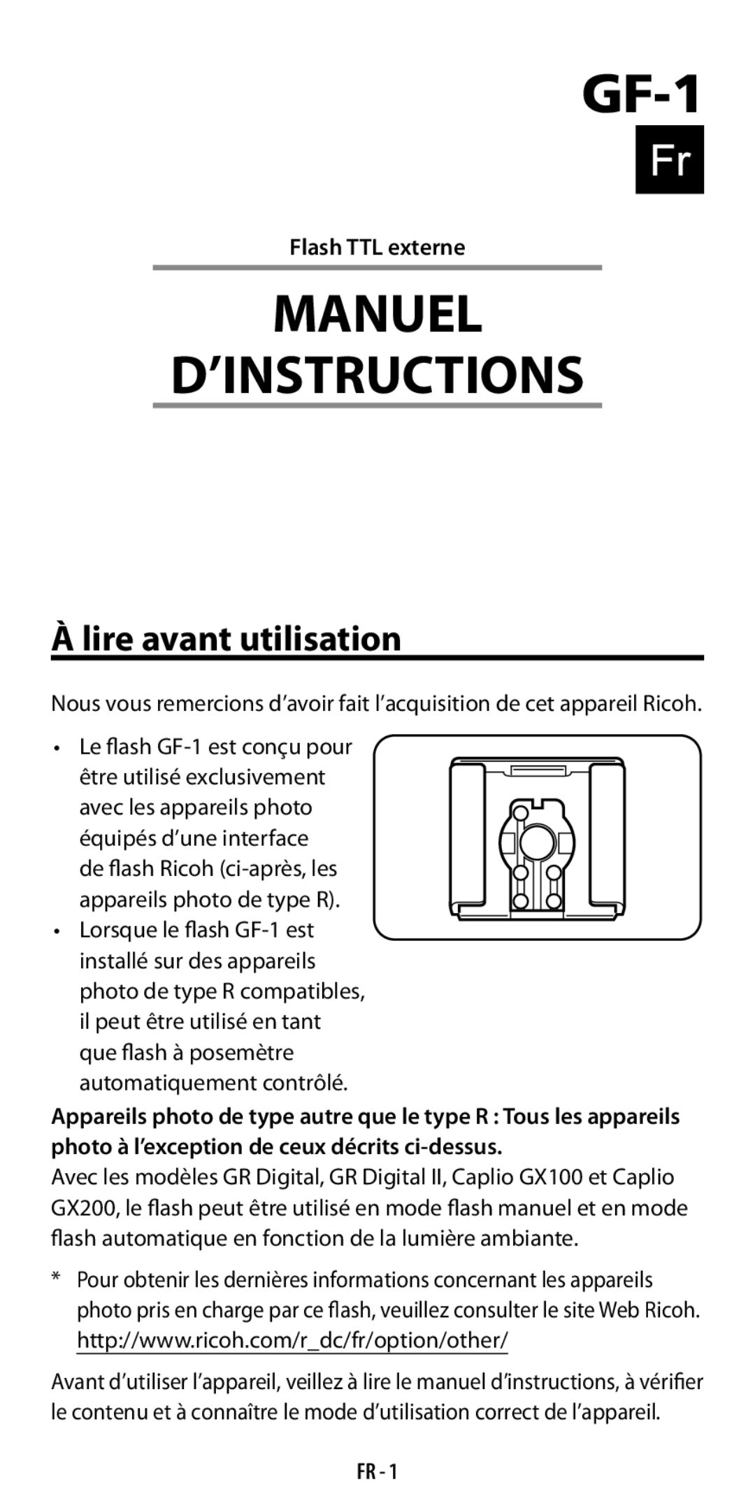 Ricoh GF-1 instruction manual Lire avant utilisation, Flash TTL externe, Fr  