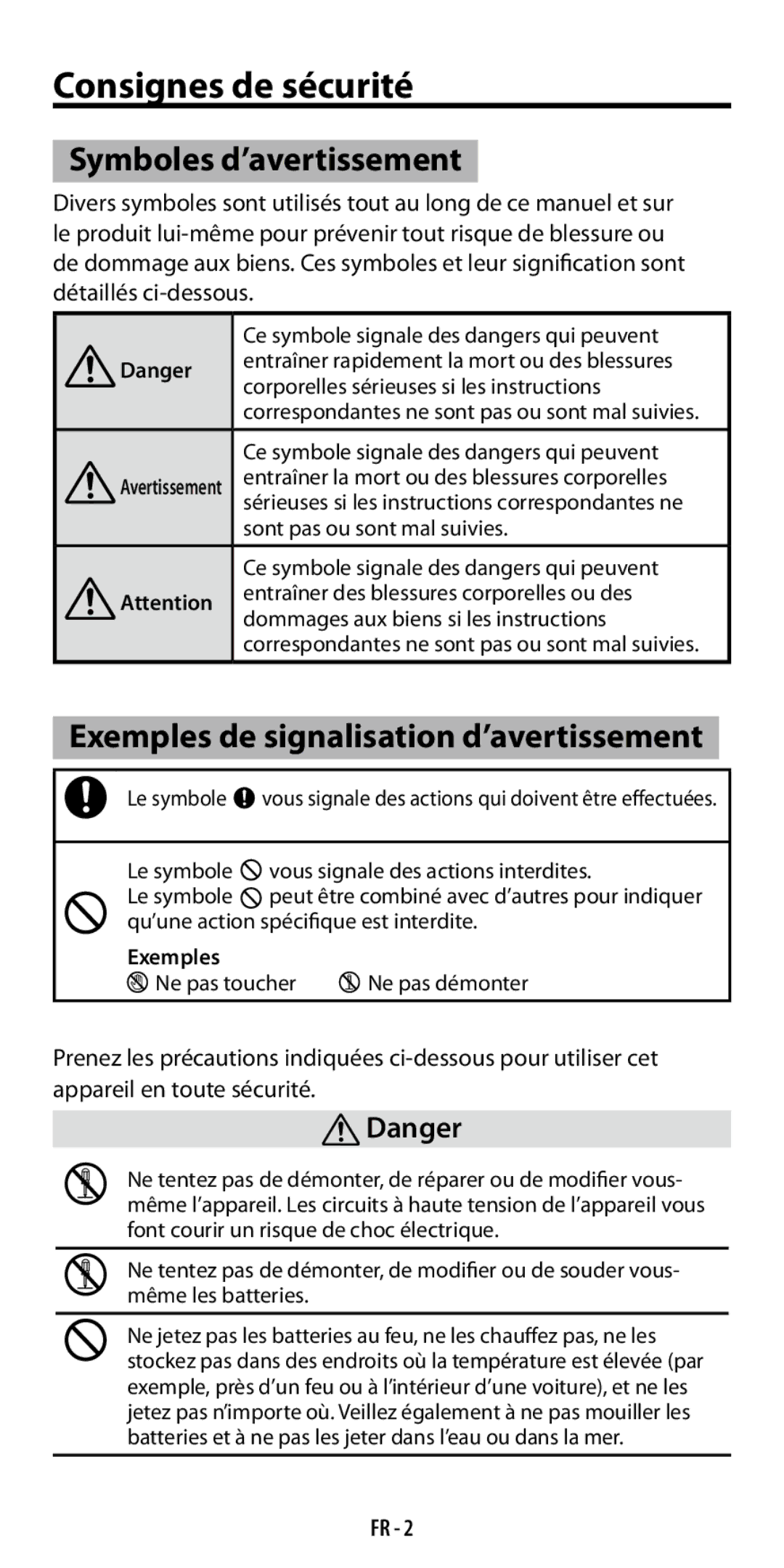 Ricoh GF-1 instruction manual Consignes de sécurité, Symboles d’avertissement, Exemples de signalisation d’avertissement 