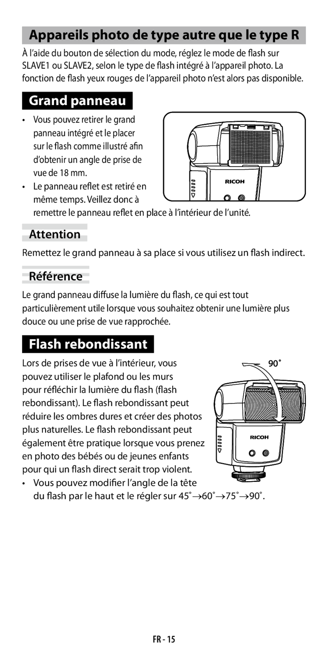 Ricoh GF-1 instruction manual Grand panneau, Flash rebondissant, Vue de 18 mm 