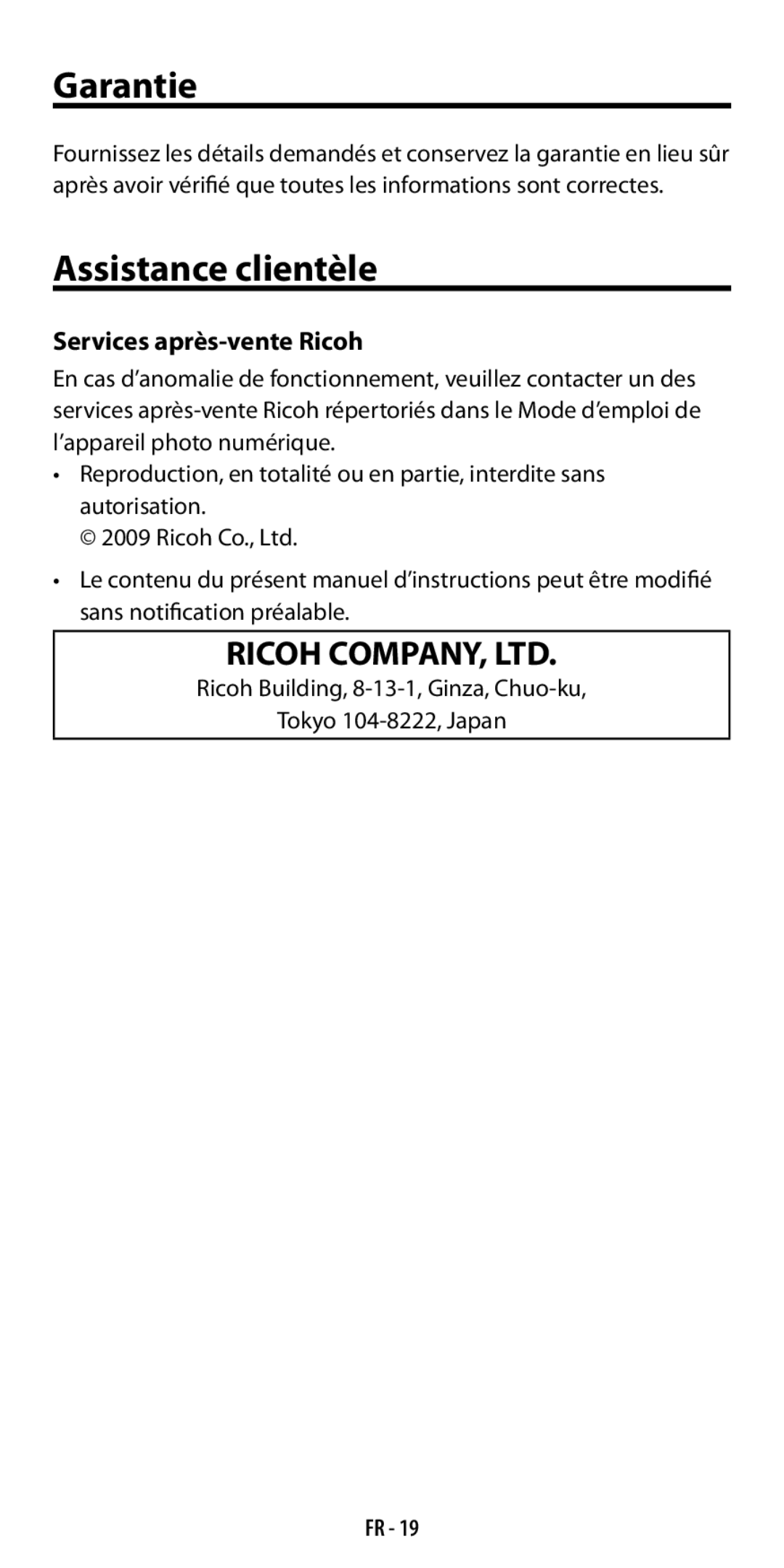 Ricoh GF-1 instruction manual Assistance clientèle, Services après-vente Ricoh 