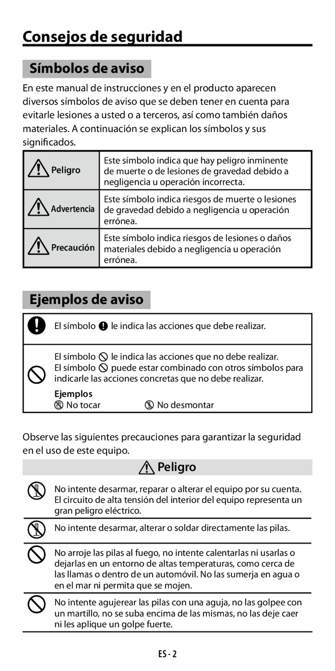 Ricoh GF-1 instruction manual Consejos de seguridad, Símbolos de aviso, Ejemplos de aviso, Peligro 