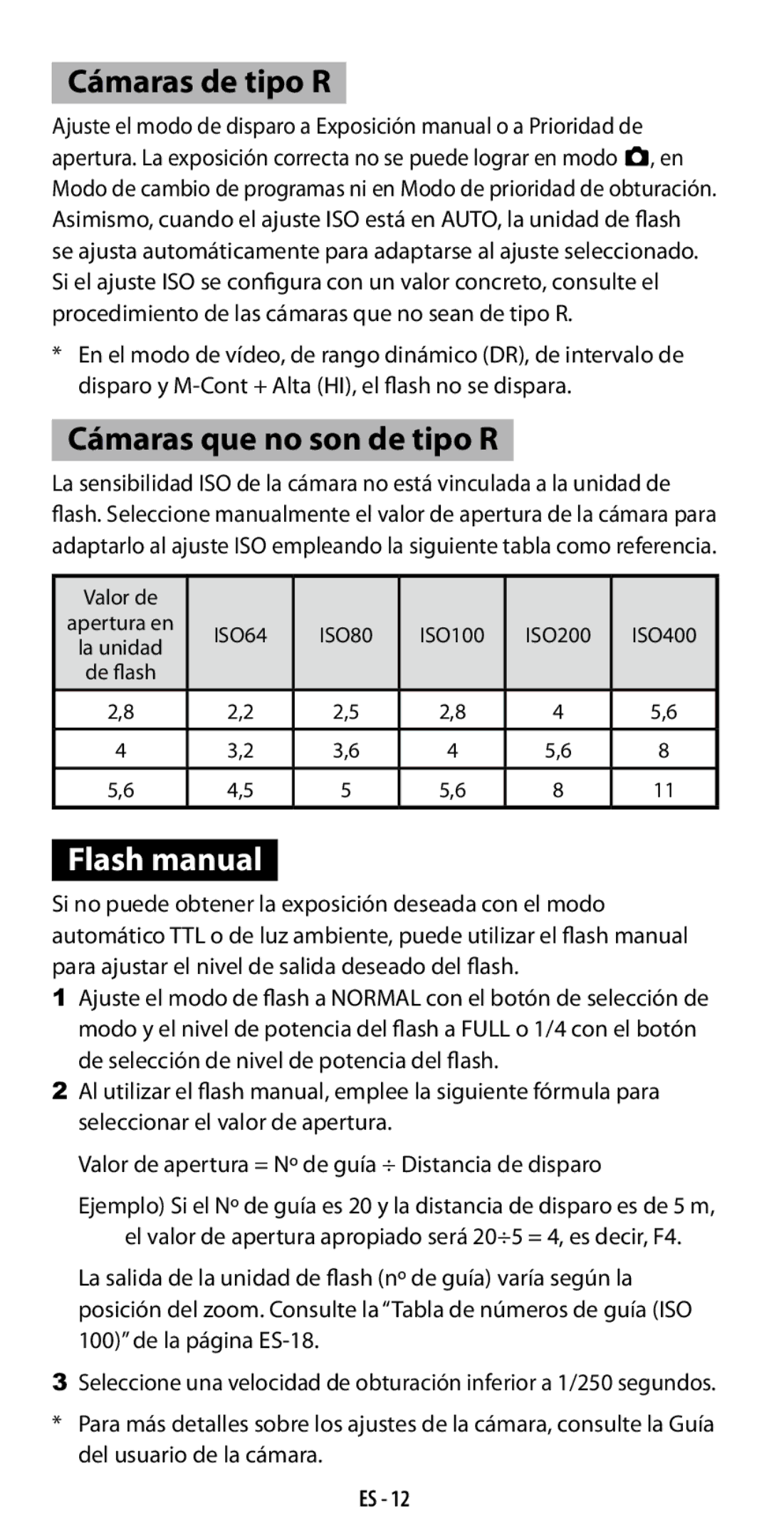 Ricoh GF-1 instruction manual Cámaras de tipo R, Cámaras que no son de tipo R, Flash manual 