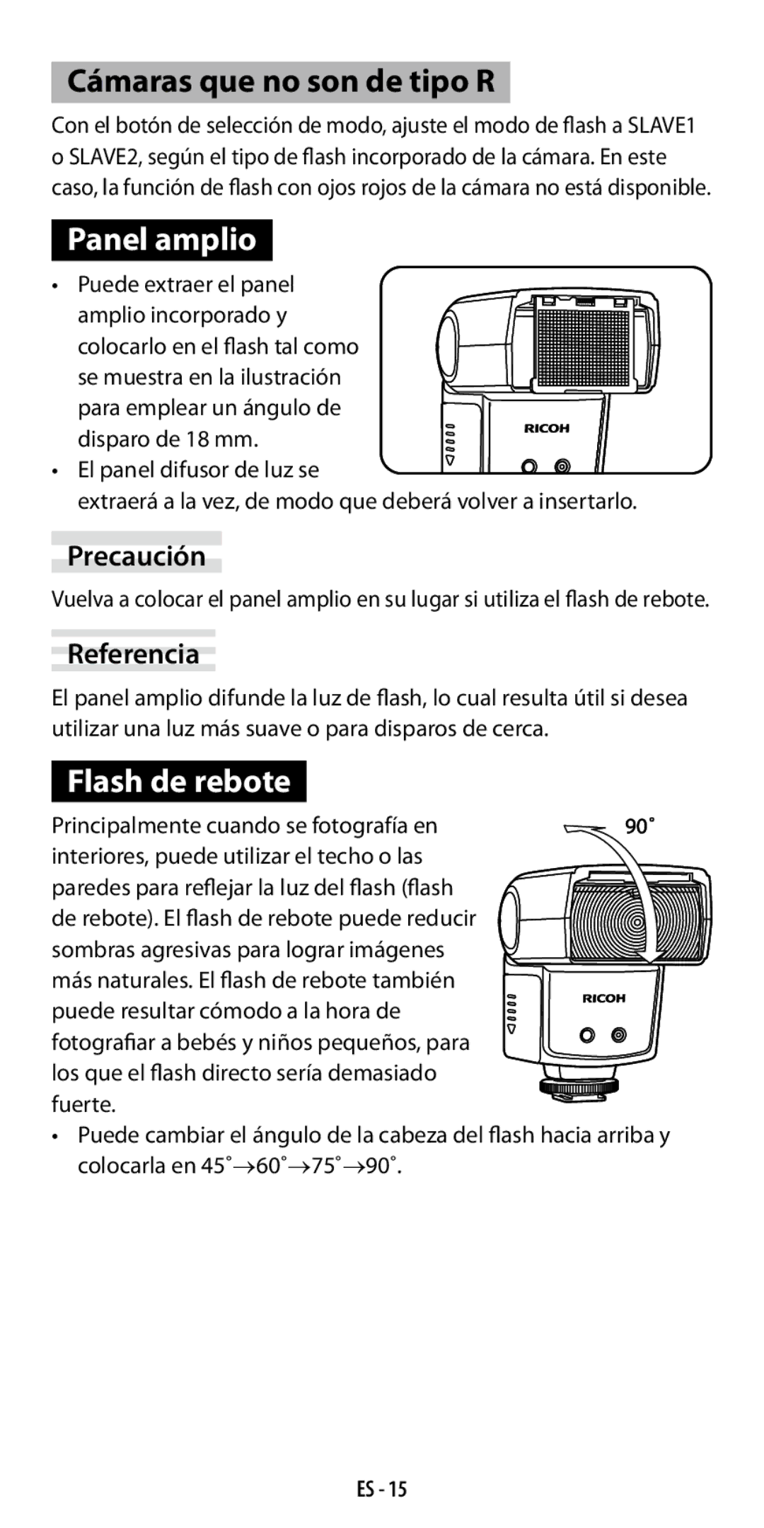 Ricoh GF-1 instruction manual Panel amplio, Flash de rebote 