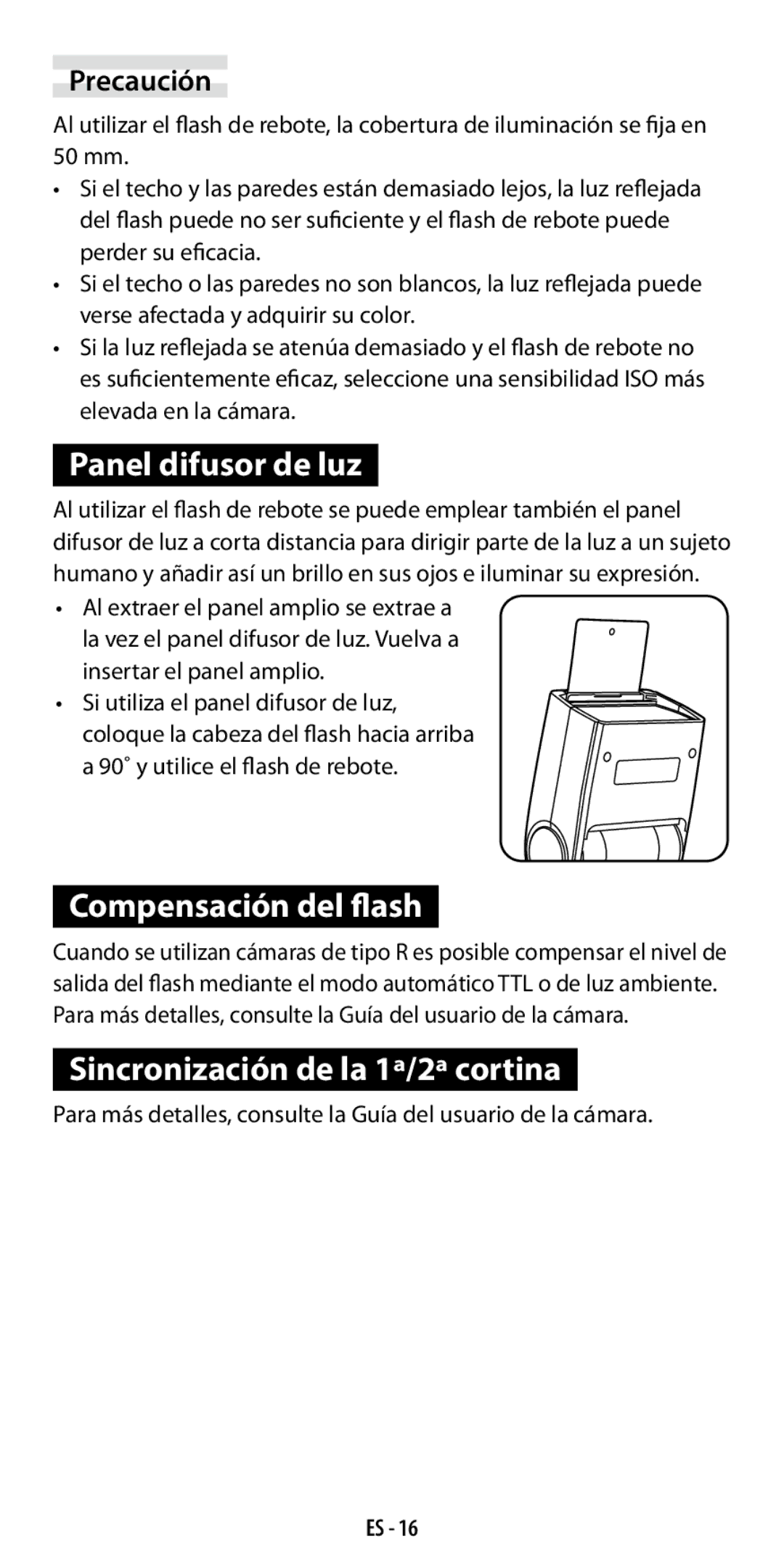 Ricoh GF-1 instruction manual Panel difusor de luz, Compensación del flash, Sincronización de la 1ª/2ª cortina 