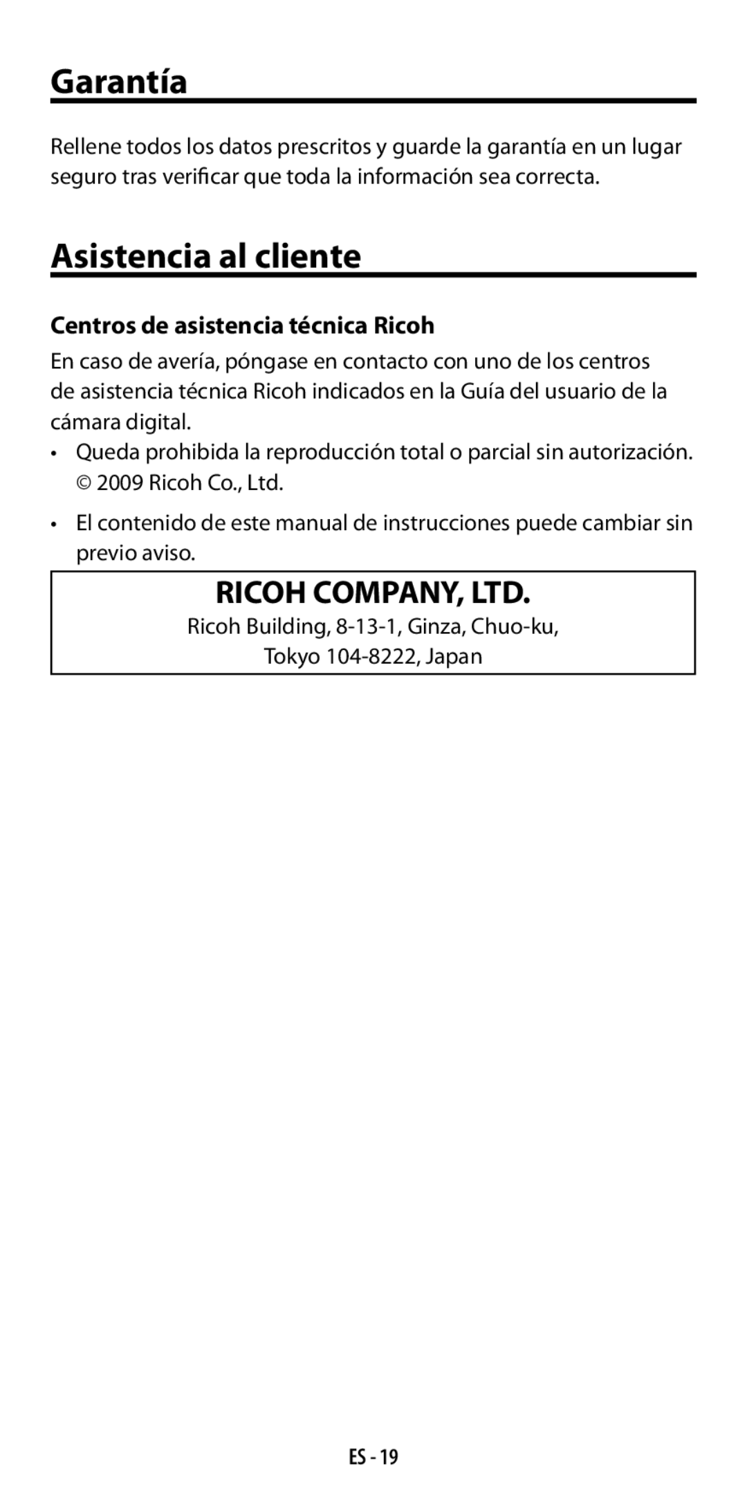 Ricoh GF-1 instruction manual Garantía, Asistencia al cliente, Centros de asistencia técnica Ricoh 