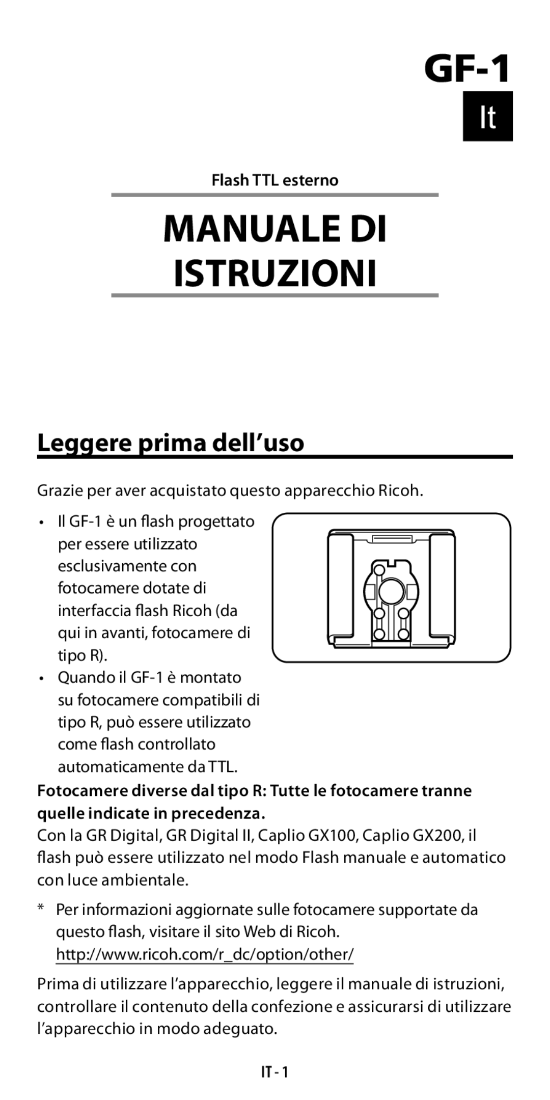 Ricoh GF-1 instruction manual Leggere prima dell’uso, Flash TTL esterno, It  