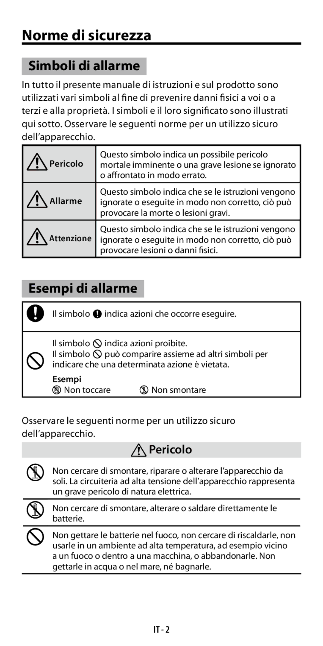 Ricoh GF-1 instruction manual Norme di sicurezza, Simboli di allarme, Esempi di allarme, Pericolo 