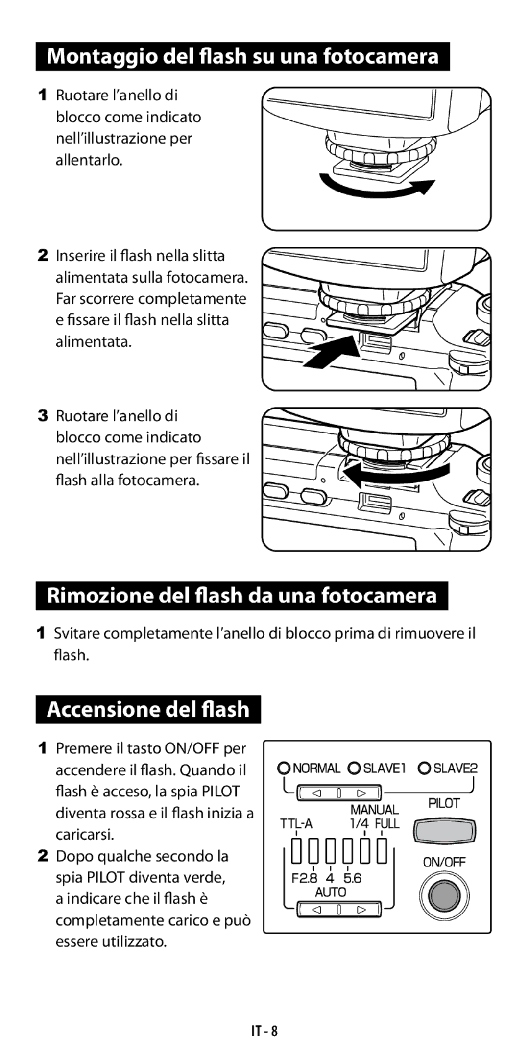 Ricoh GF-1 Montaggio del flash su una fotocamera, Rimozione del flash da una fotocamera, Accensione del flash 