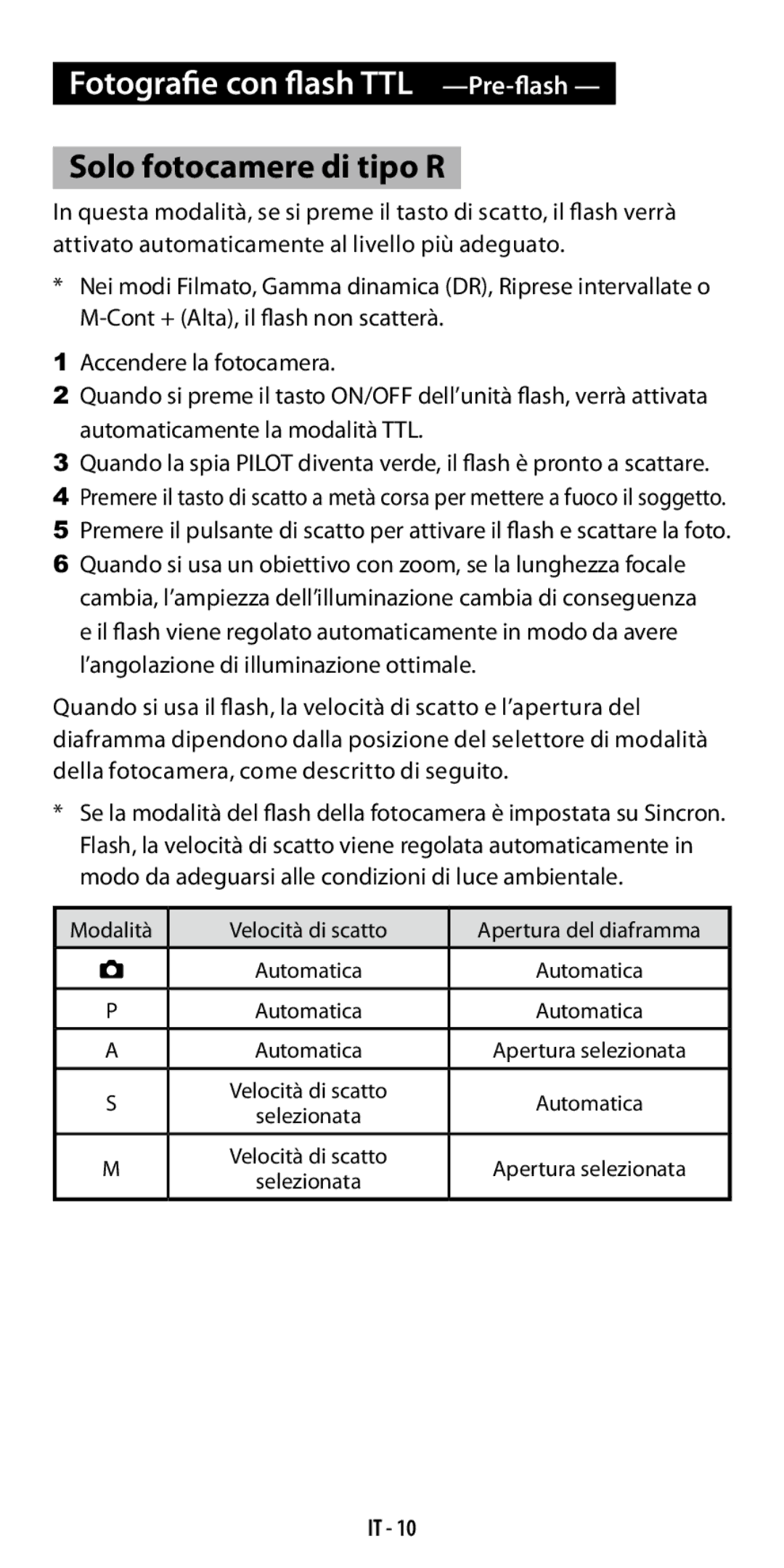 Ricoh GF-1 instruction manual Fotografie con flash TTL -Pre-flash, Solo fotocamere di tipo R 