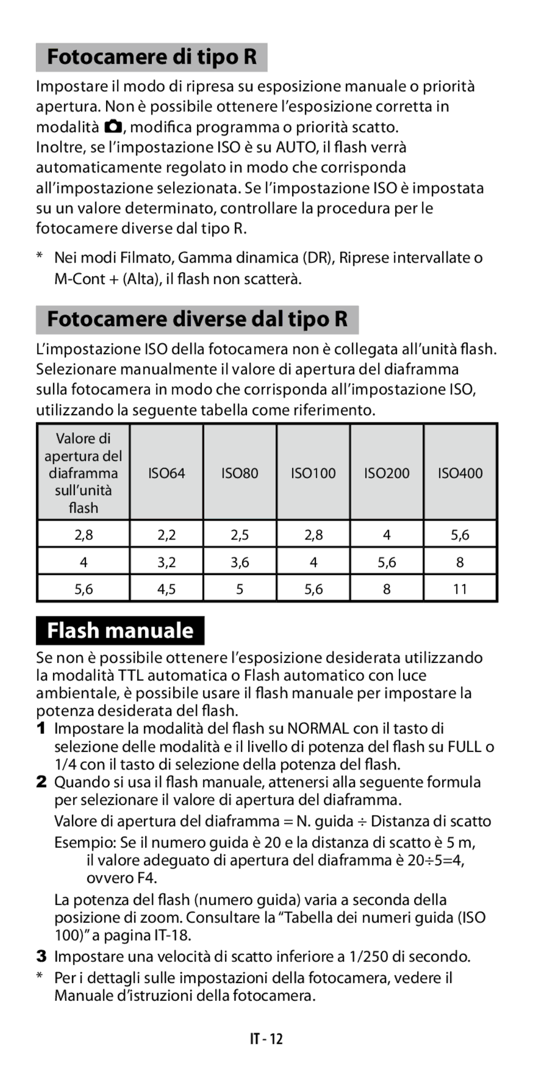 Ricoh GF-1 instruction manual Fotocamere di tipo R, Fotocamere diverse dal tipo R, Flash manuale 