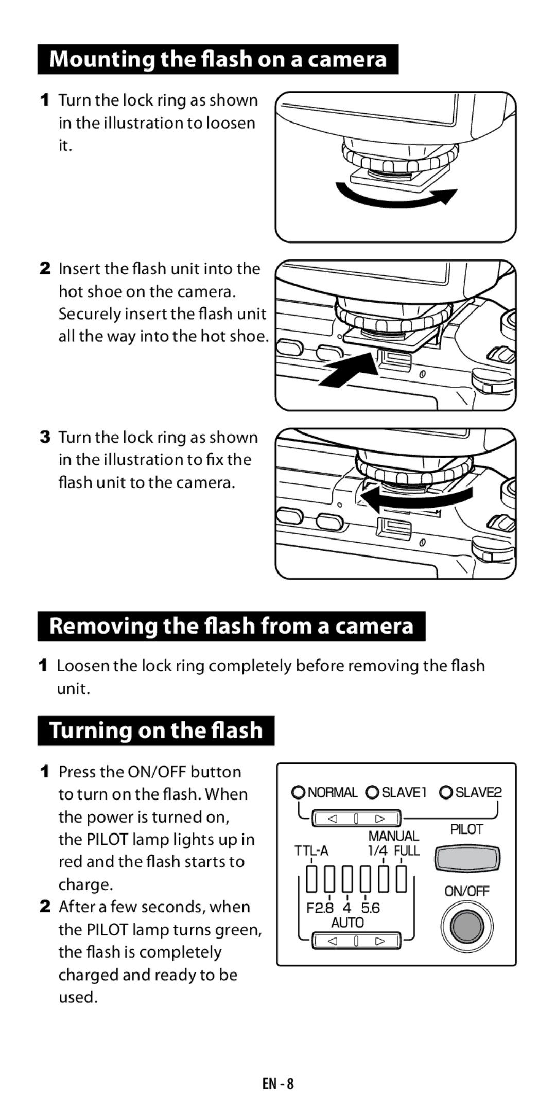 Ricoh GF-1 instruction manual Mounting the flash on a camera, Removing the flash from a camera, Turning on the flash 