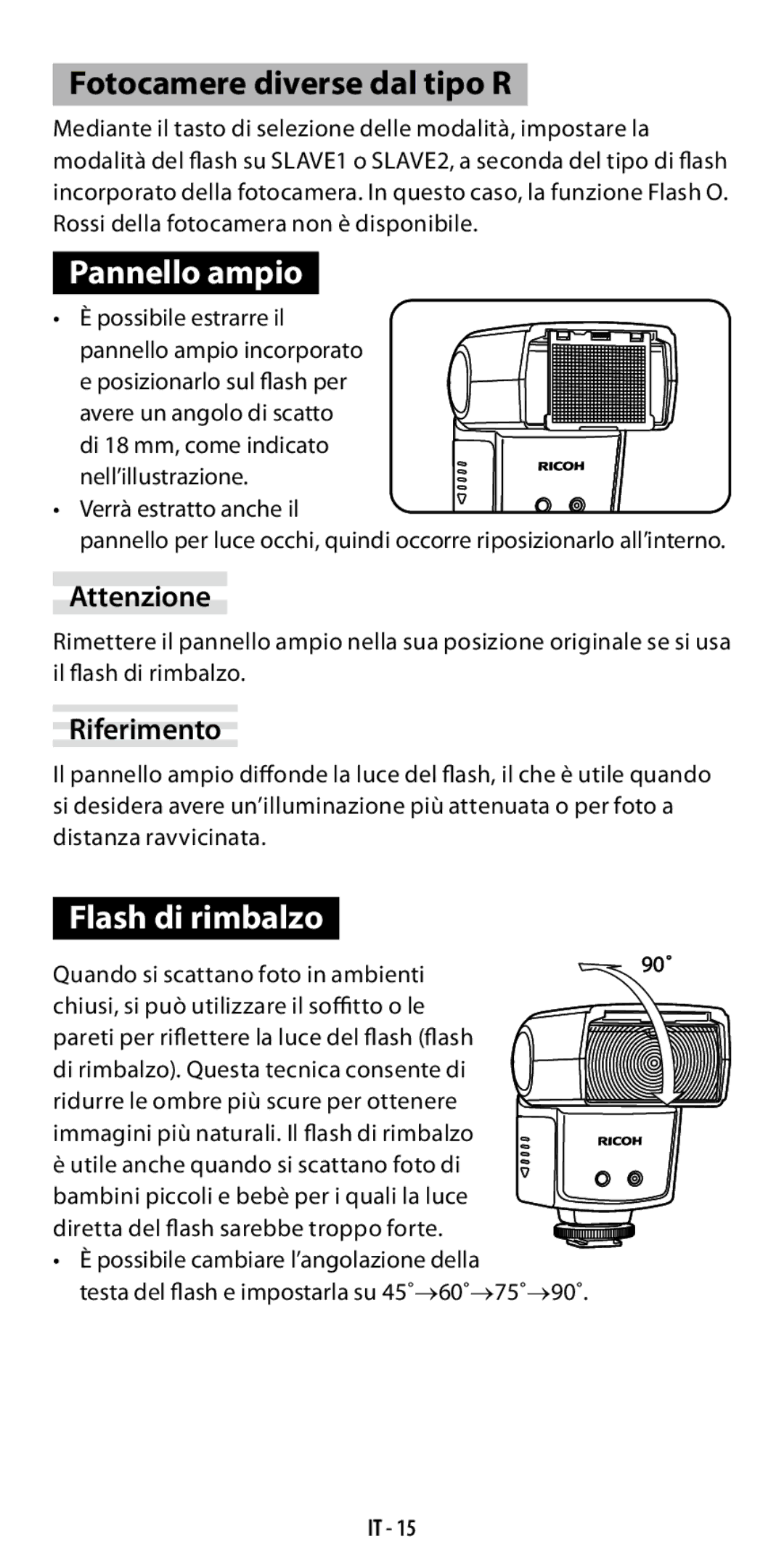 Ricoh GF-1 instruction manual Pannello ampio, Flash di rimbalzo, Nell’illustrazione Verrà estratto anche il 