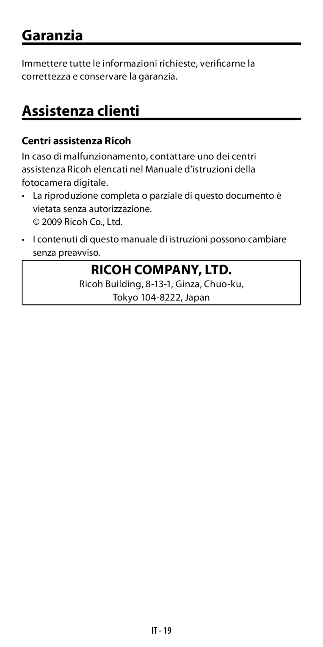 Ricoh GF-1 instruction manual Garanzia, Assistenza clienti, Centri assistenza Ricoh 