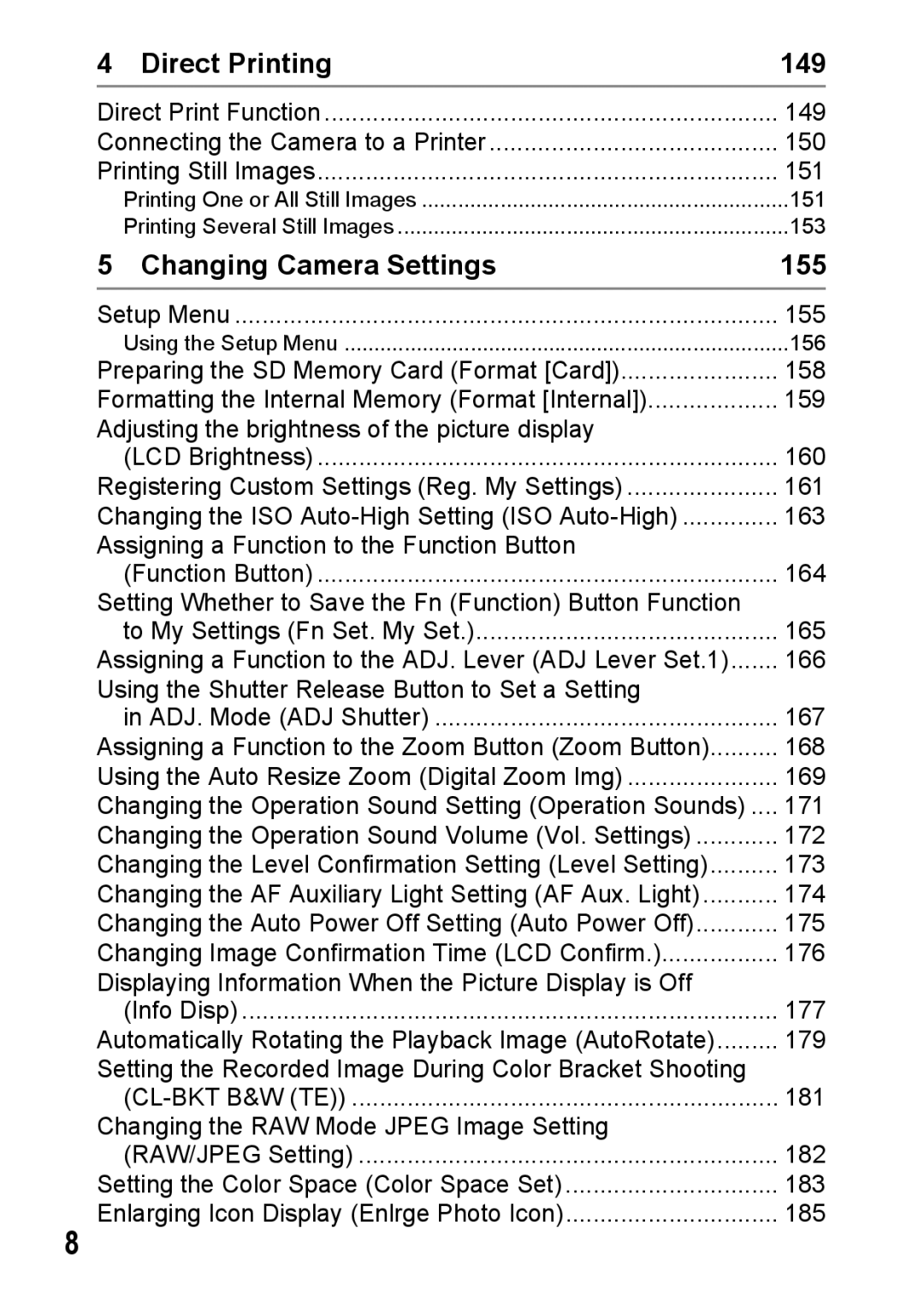 Ricoh GR Digital II manual Direct Printing, Changing Camera Settings, 149, 155 