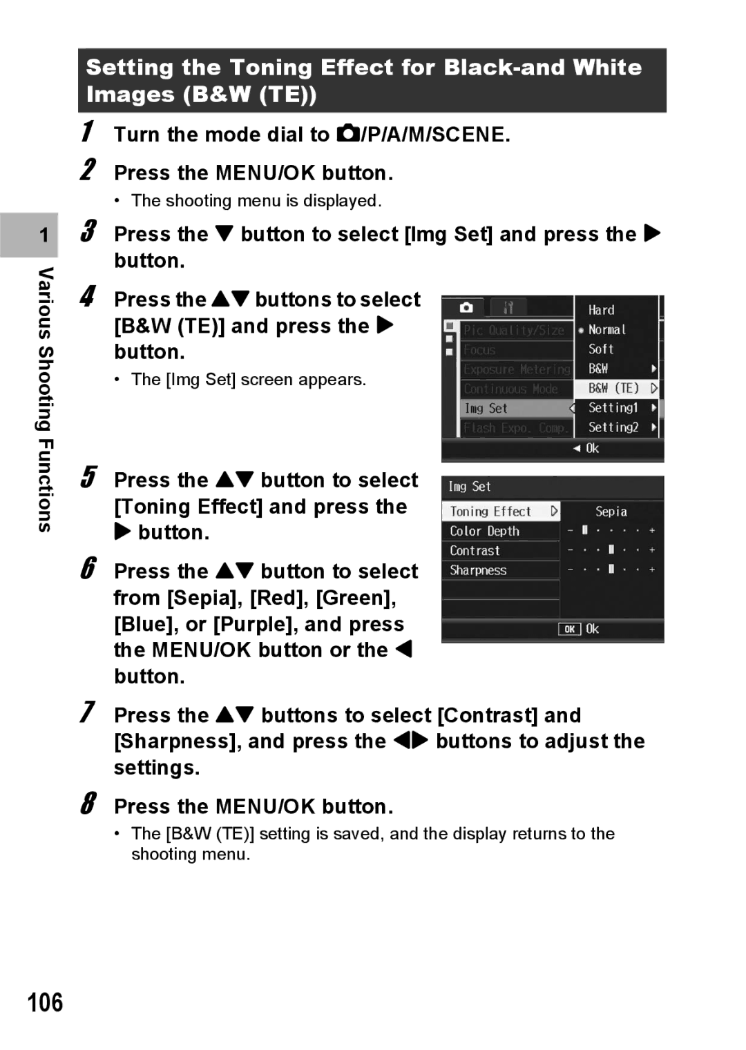 Ricoh GR Digital II manual 106, Setting the Toning Effect for Black-and White Images B&W TE 