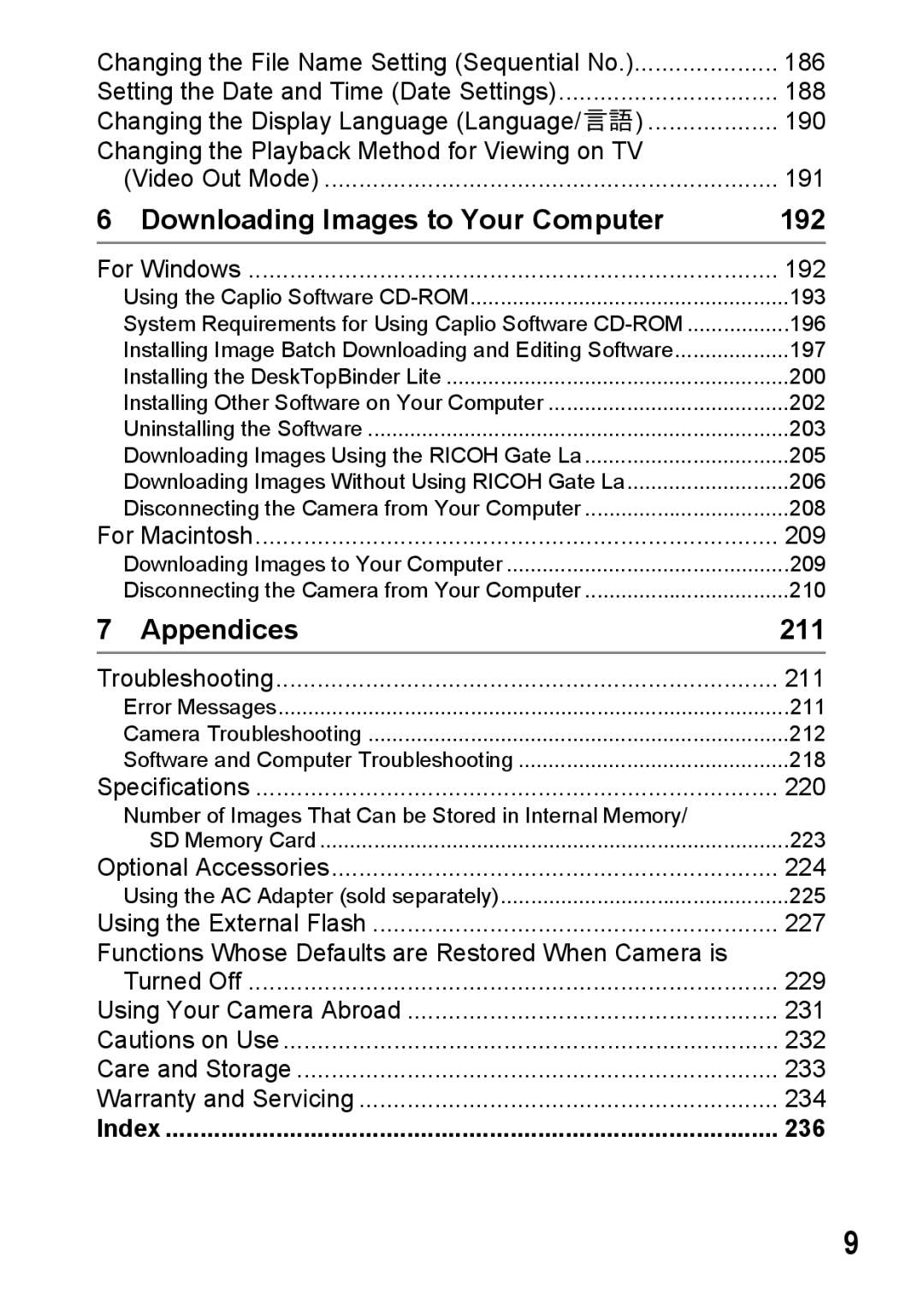 Ricoh GR Digital II manual Downloading Images to Your Computer, Appendices, 192, 211, 236 