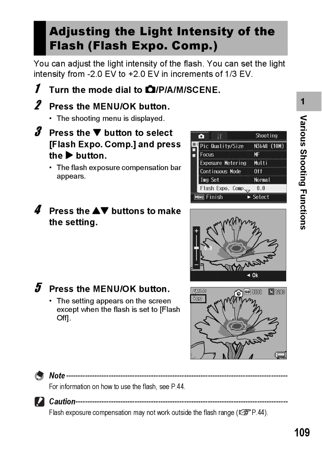 Ricoh GR Digital II manual Adjusting the Light Intensity of the Flash Flash Expo. Comp, 109 