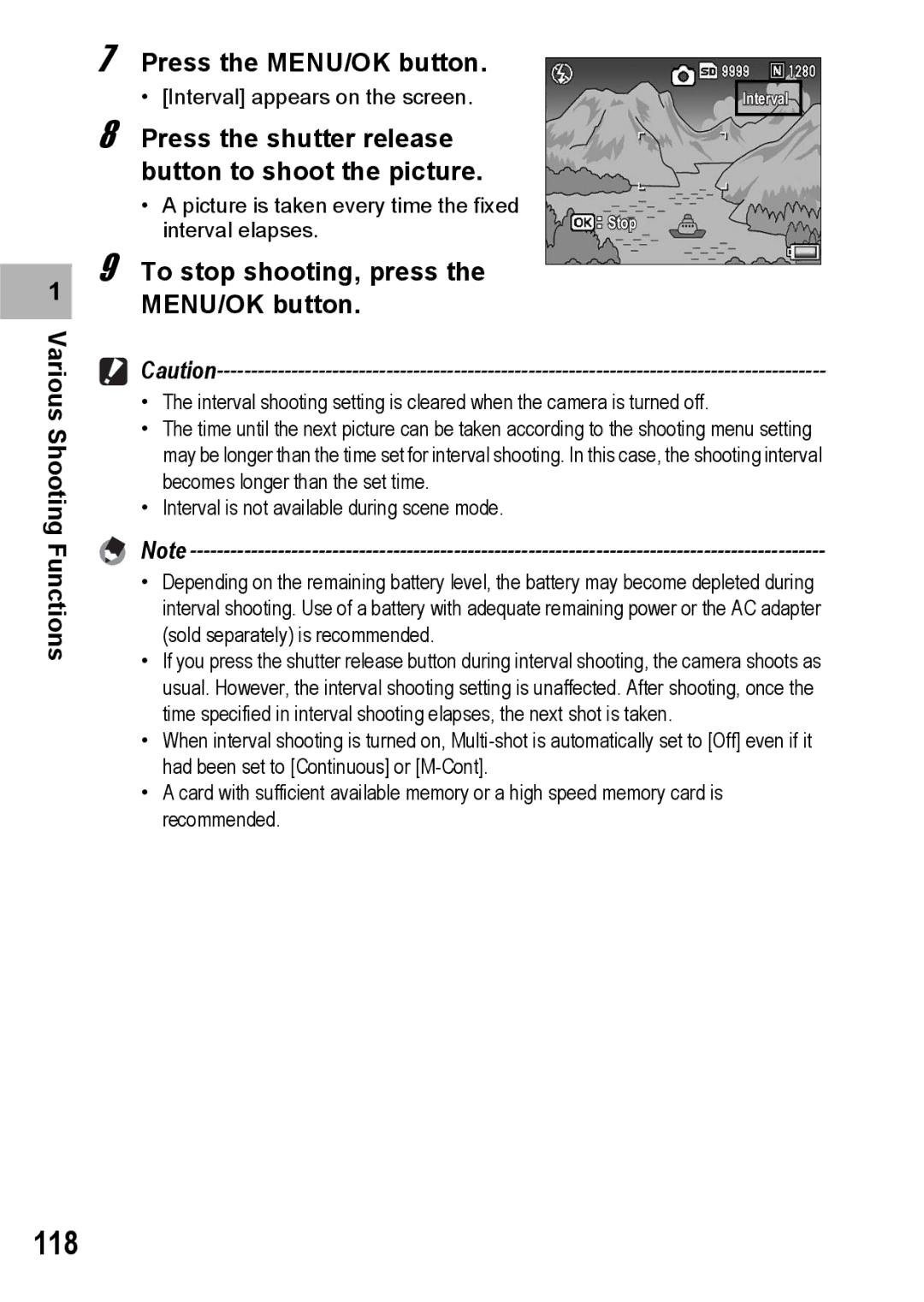 Ricoh GR Digital II 118, Various Shooting Functions Press the MENU/OK button, To stop shooting, press the MENU/OK button 