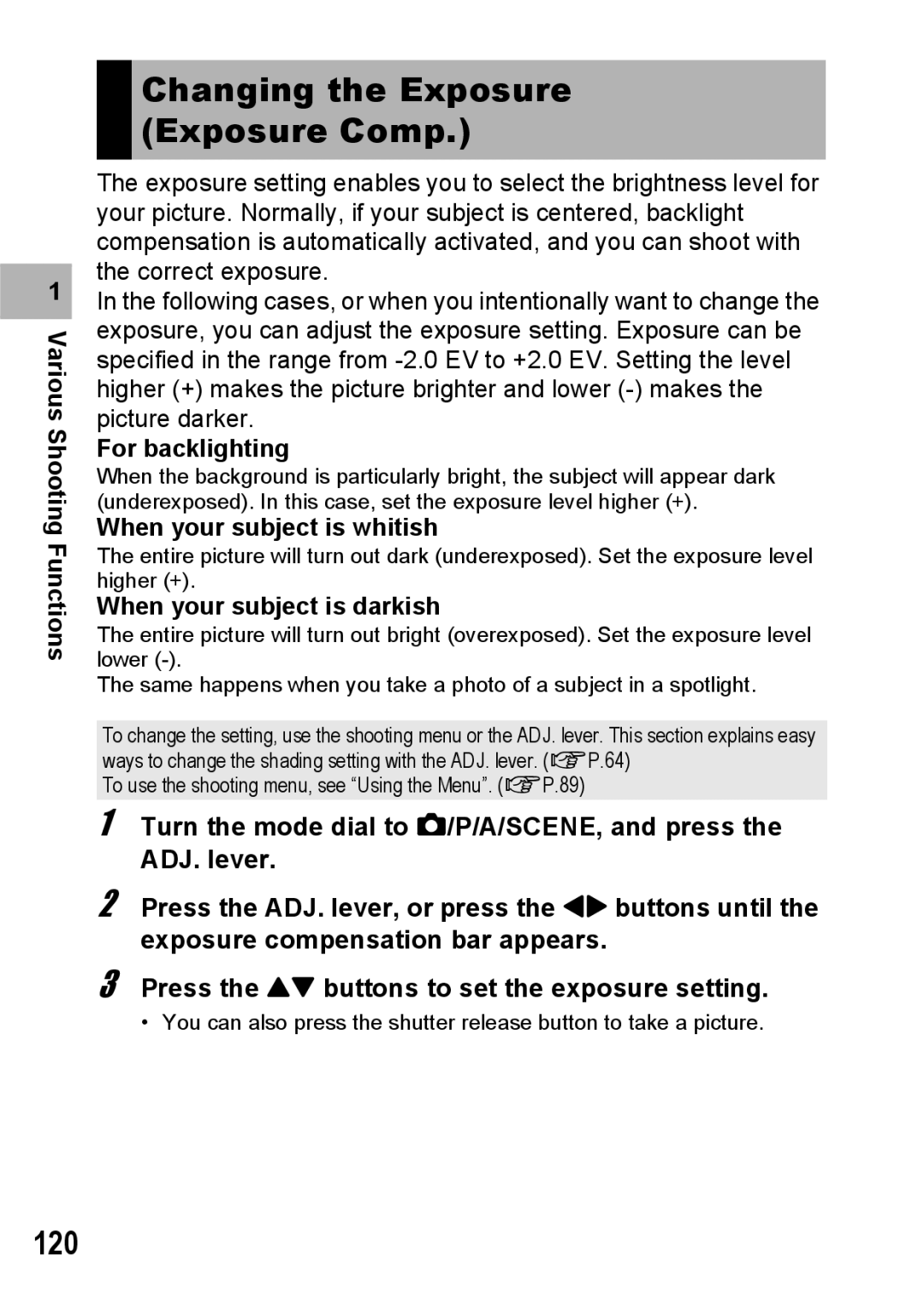 Ricoh GR Digital II manual Changing the Exposure Exposure Comp, 120, For backlighting, When your subject is whitish 