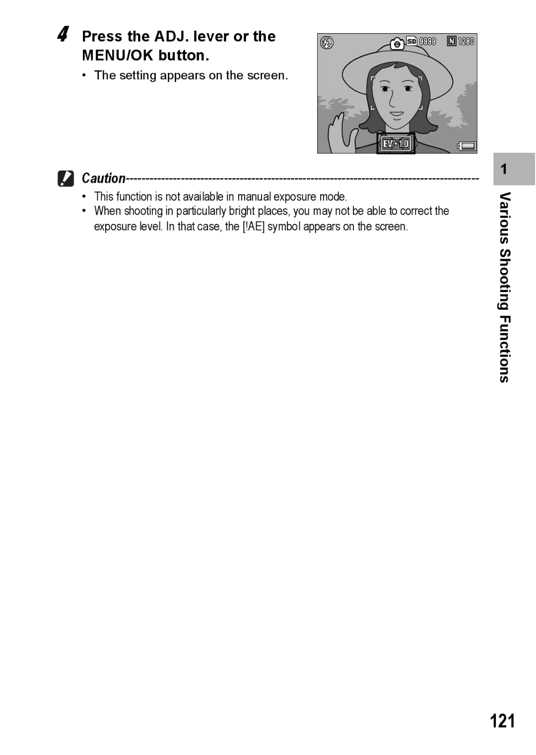 Ricoh GR Digital II manual 121, Press the ADJ. lever or the MENU/OK button 