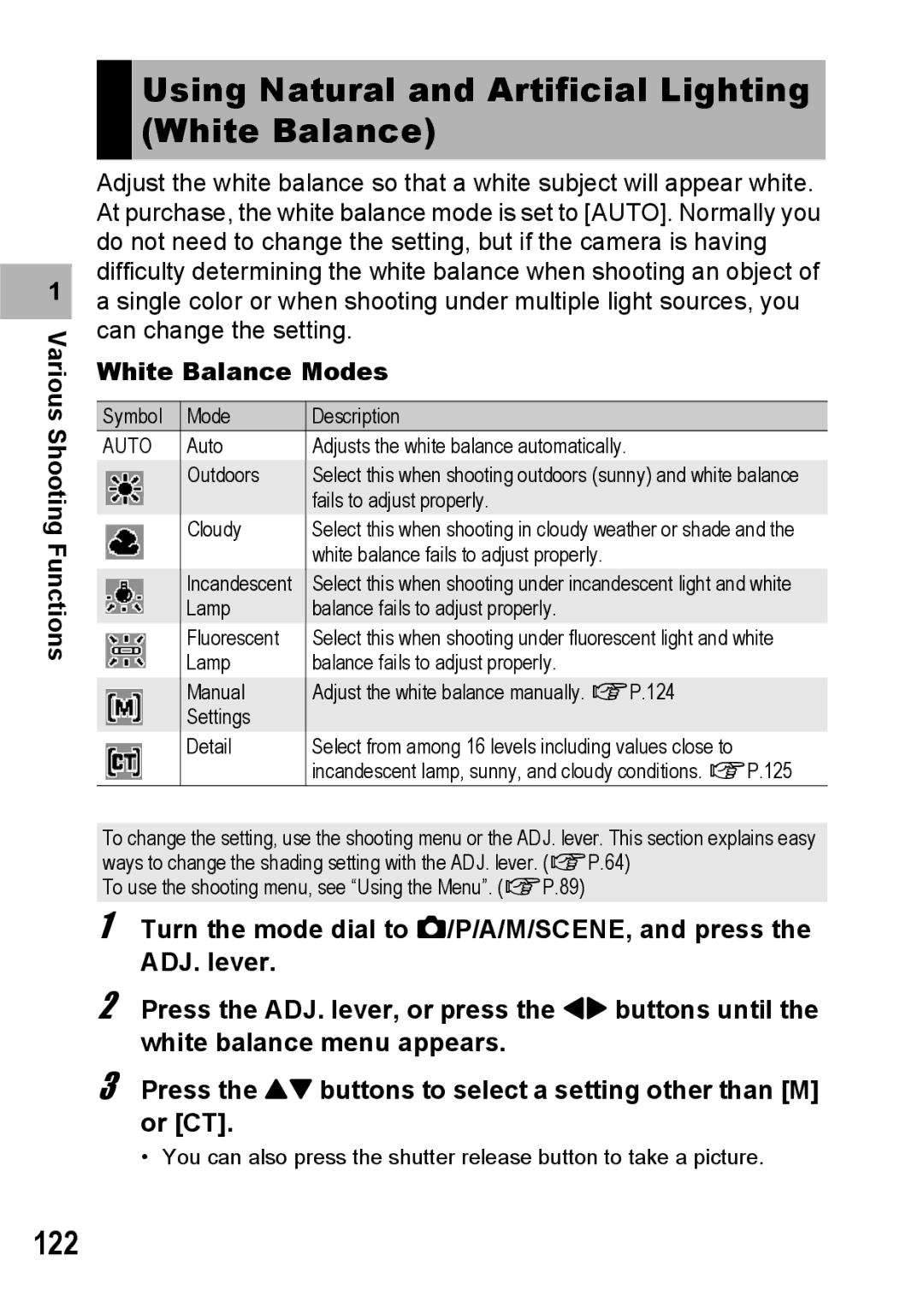 Ricoh GR Digital II manual Using Natural and Artificial Lighting White Balance, 122, White Balance Modes 