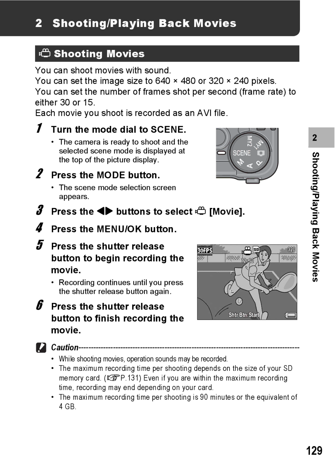 Ricoh GR Digital II manual 129, Shooting/Playing Back Movies, Shooting Movies 