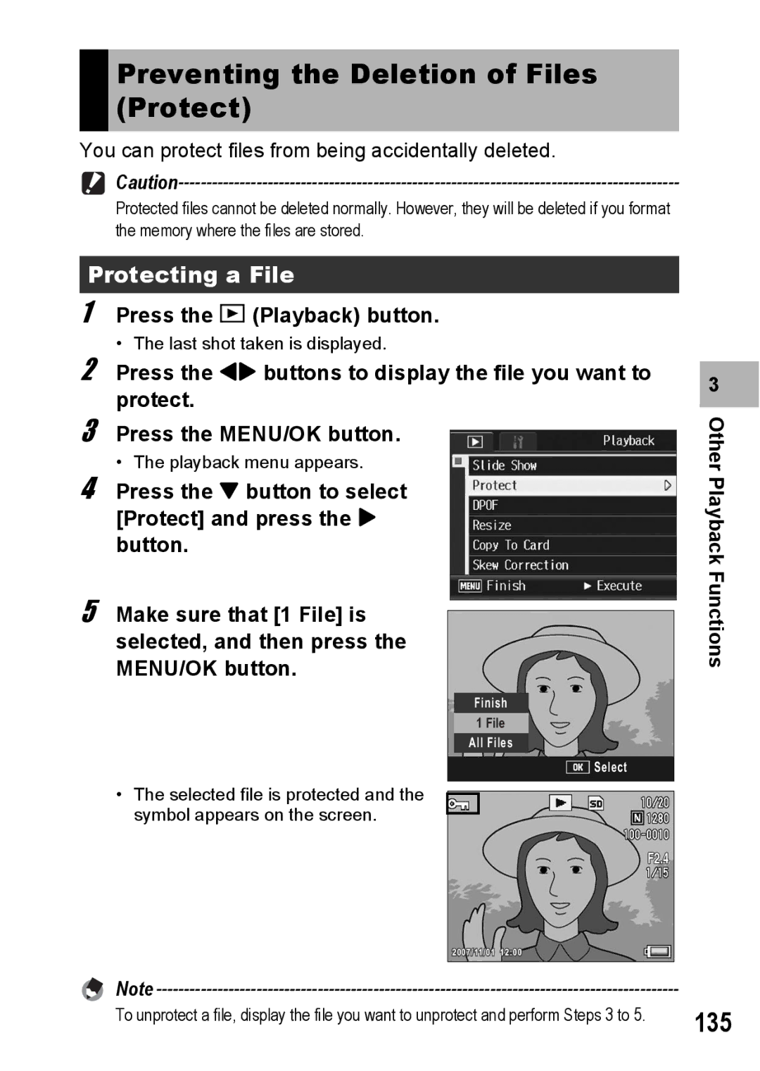 Ricoh GR Digital II manual Preventing the Deletion of Files Protect, 135, Protecting a File 